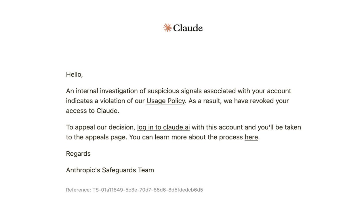 imranfuze's tweet photo. What's going on, @claudeai? 

I sent only about 5 prompts in Claude Code on Max 20x before my account was banned. I appealed 11 days ago and I'm still waiting. 

Could someone please look into this? https://t.co/IjkYIPttjq