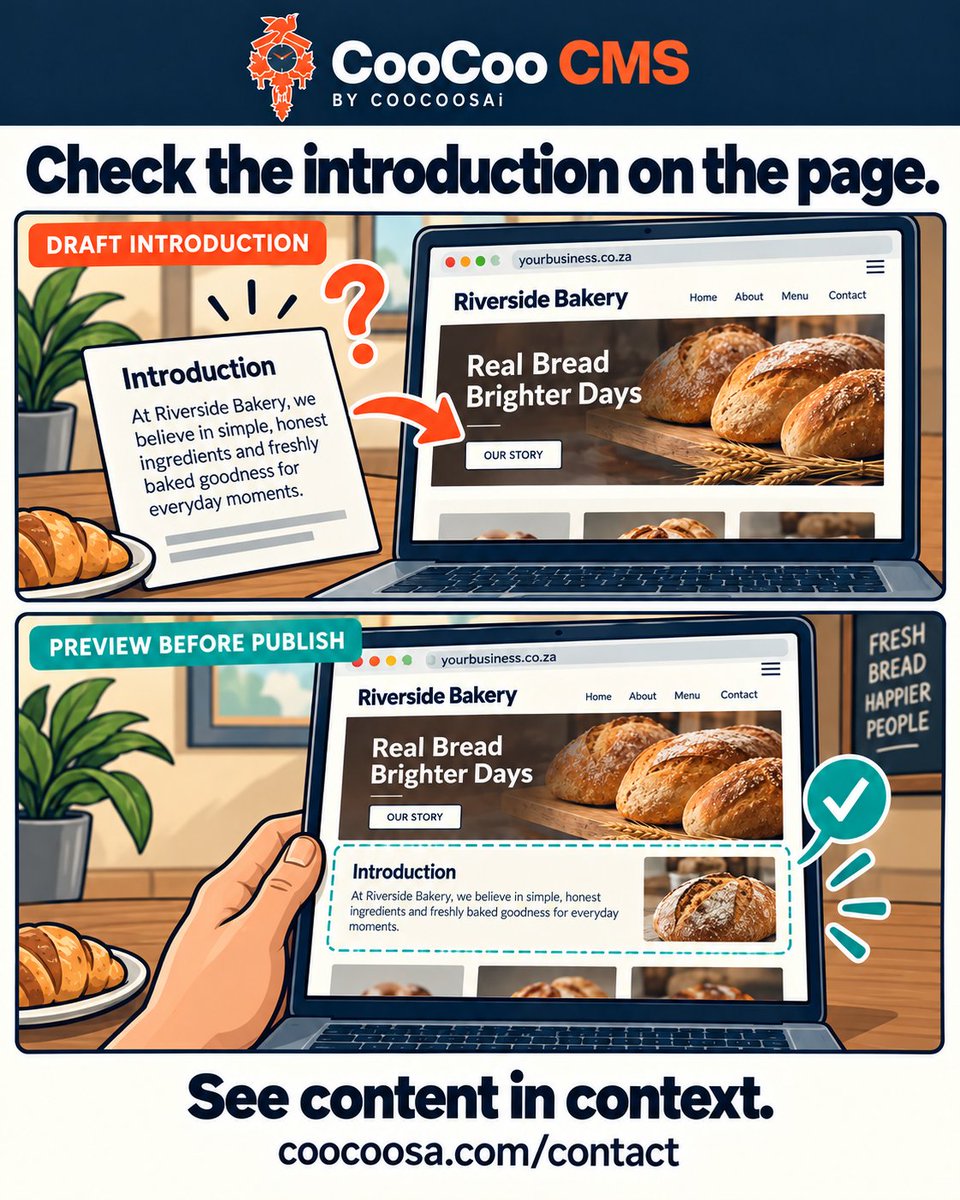 CooCooCoZa's tweet photo. Check the introduction on the page.
See content in context.
Illustrative business example. Discuss your website and CMS: https://t.co/nM7l2cN3uf
#CooCooCMS #WebDesign https://t.co/Ql3SvFybh2