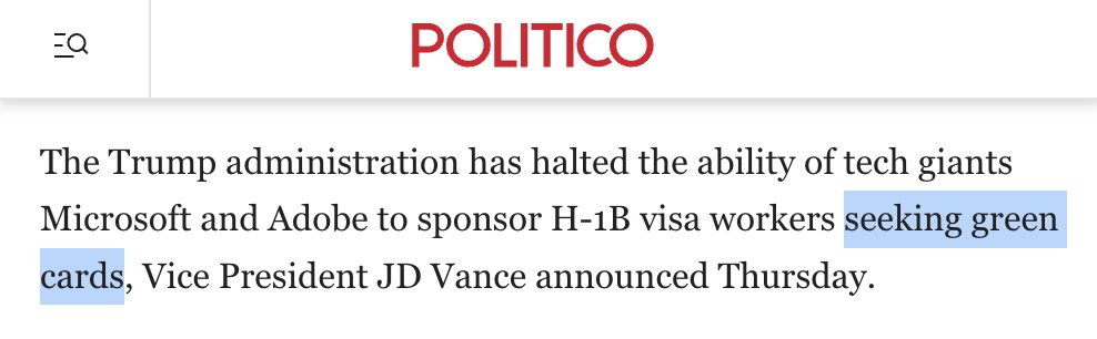 jamesfishback's tweet photo. Vance is *saying* the right things, but today's "massive crackdown" only stops Microsoft &amp; Adobe (2 companies out of 50K) from converting H-1Bs to permanent residents. 

It does not stop them from firing Americans and replacing them with H-1Bs.

Bread and circus. Move along. https://t.co/JMbtTyP4Y7
