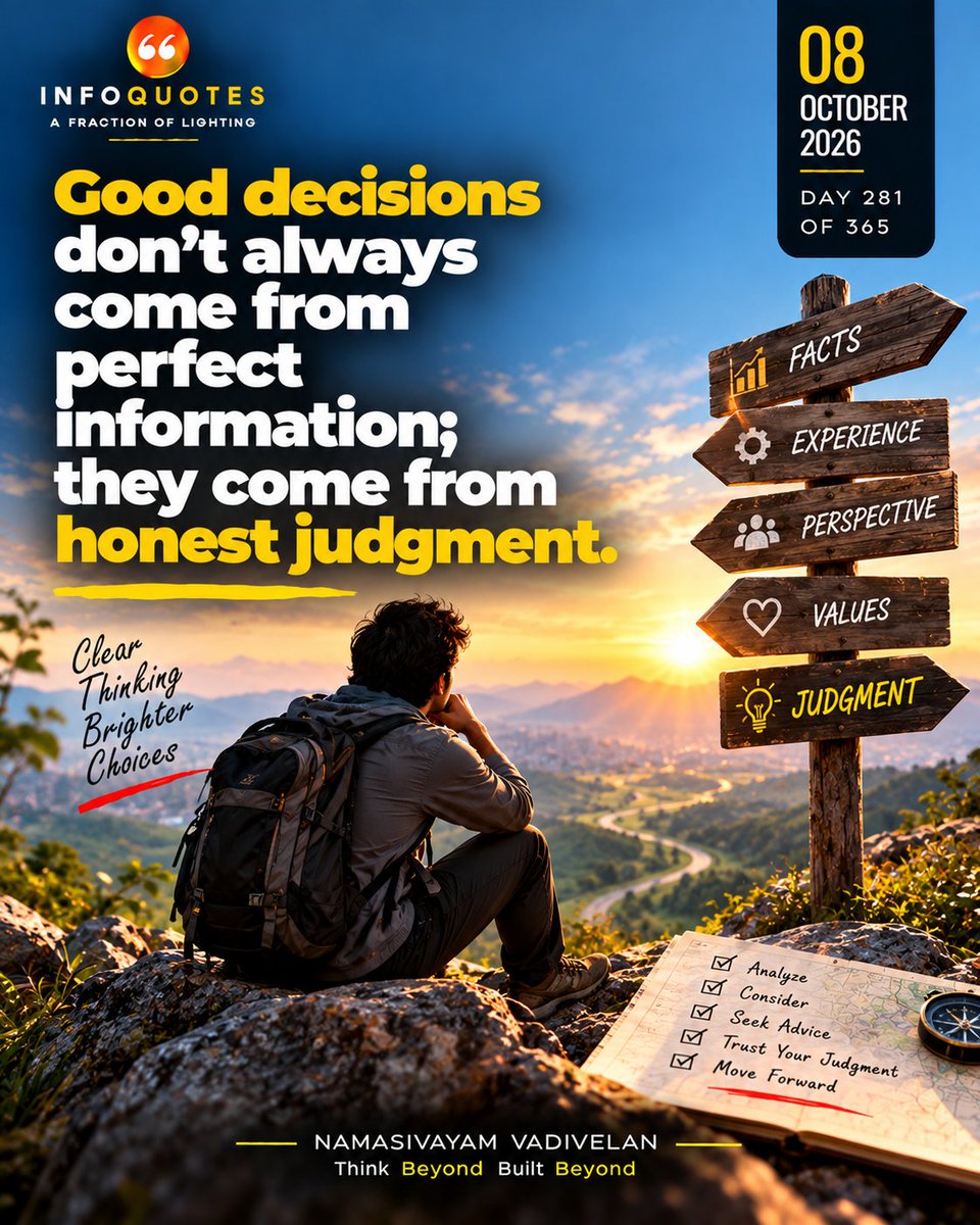 namasivayamvela's tweet photo. Good decisions don’t always come from perfect information; they come from honest judgment. 🧭

🌐 https://t.co/18k4hyIwtf

#DecisionMaking #GoodJudgment #CriticalThinking #Wisdom #Mindset #LifeLessons #PersonalGrowth #Leadership #SelfImprovement #InfoQuotes https://t.co/It0d9n1Pnn