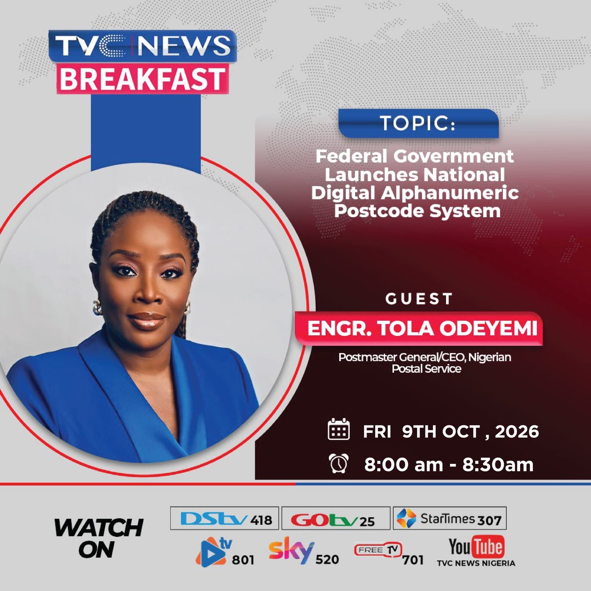 NipostNgn's tweet photo. Watch the Postmaster General/CEO of NIPOST, @tola_odeyemi, on TVC News Breakfast Show, as she breaks down the recently launched National Digital Alpha-Numeric Postcode and its impact on Nigeria's digital economy.

#KnowYourPostcode #NIPOST #DigitalPostcode https://t.co/FwD9OP0gxB