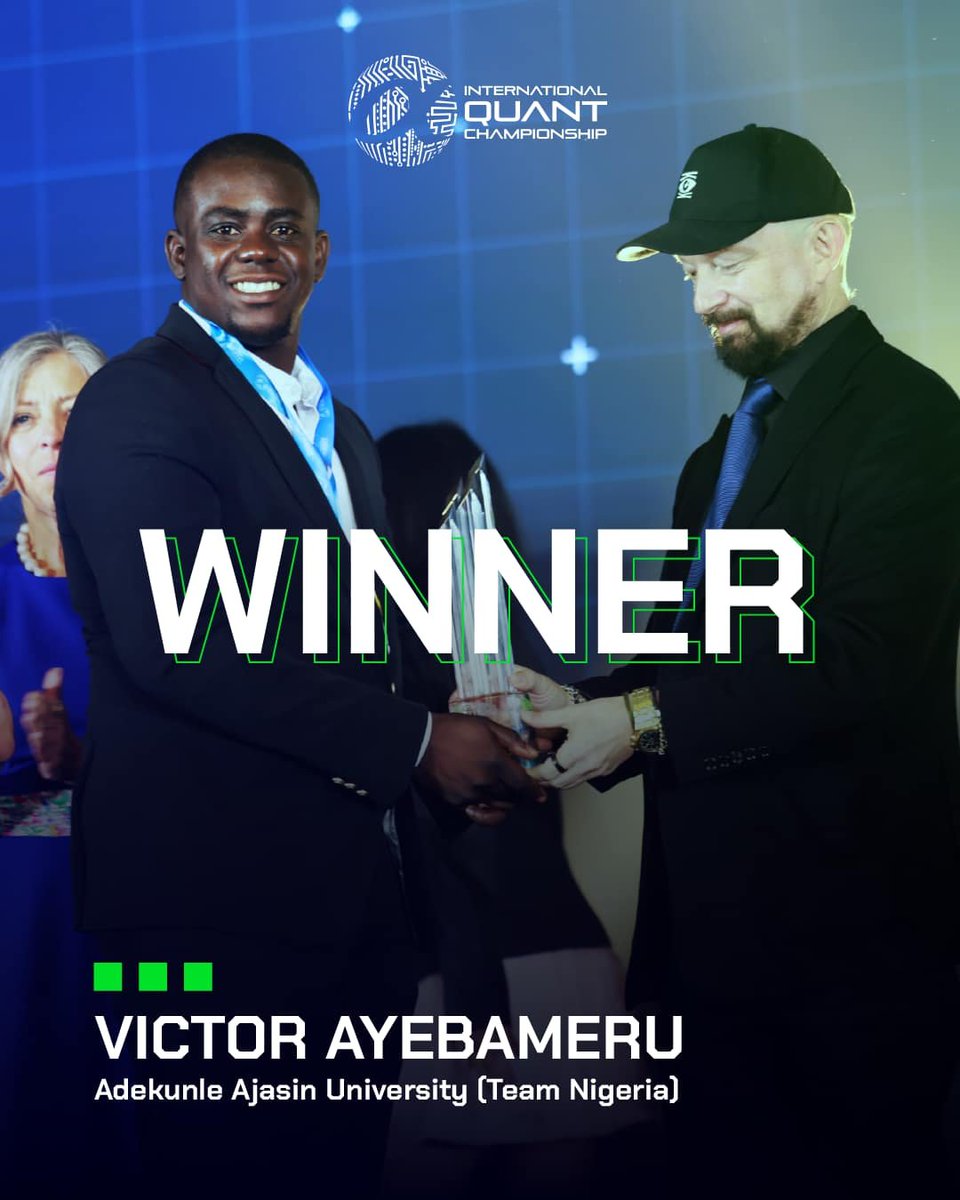 Yorubaness's tweet photo. Victor Ayebameru, a student from Adekunle Ajasin University in Nigeria, won first place in the global finals of the 2026 International Quant Championship (IQC) hosted by WorldQuant in Singapore. Huge 🤩 https://t.co/nilGL6CWpo