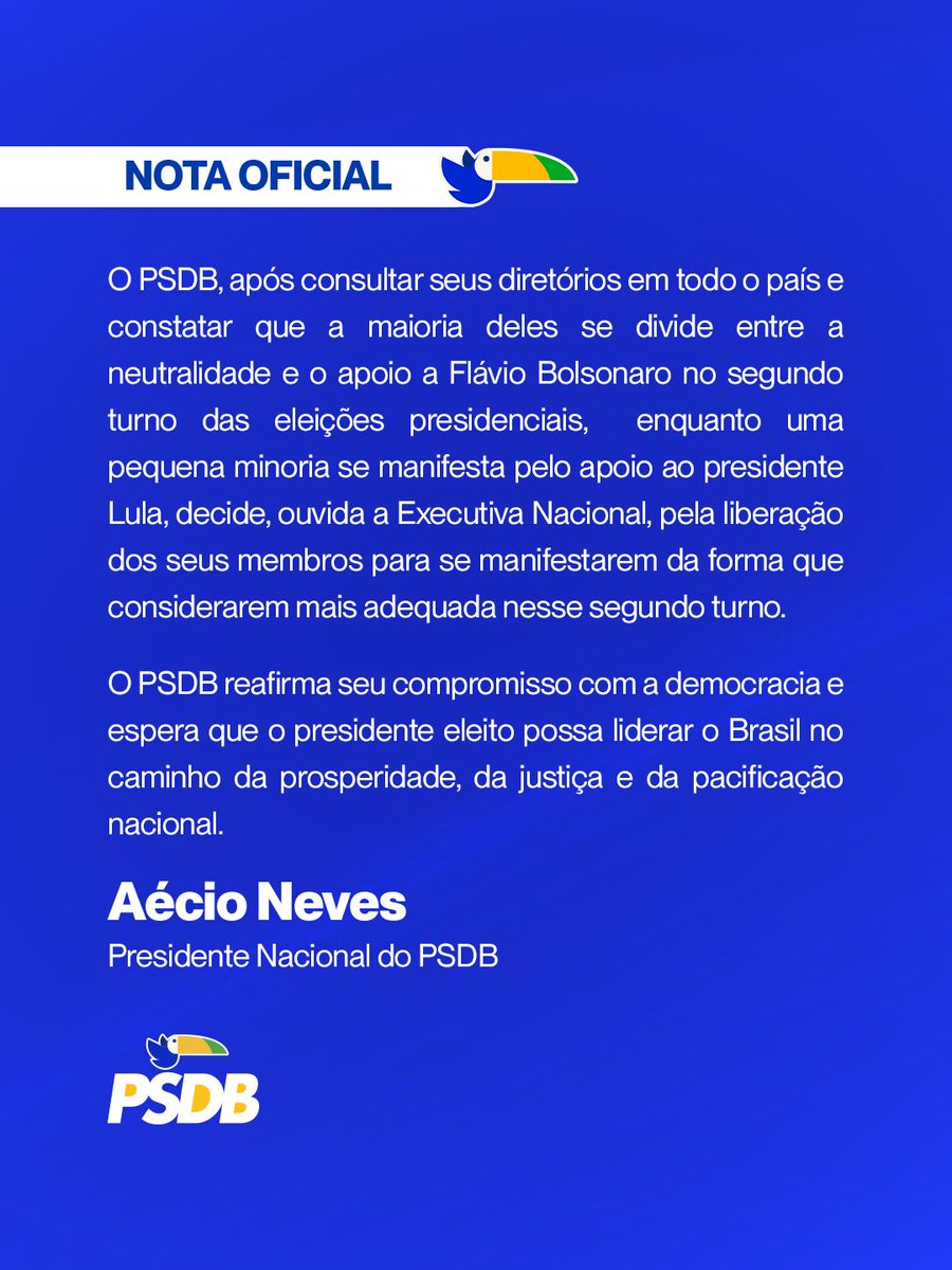 PSDBoficial's tweet photo. Nota oficial do PSDB

O PSDB, após consultar seus diretórios em todo o país e constatar que a maioria deles se divide entre a neutralidade e o apoio a Flávio Bolsonaro no segundo turno das eleições presidenciais,  enquanto uma pequena minoria se manifesta pelo apoio ao presidente Lula, decide, ouvida a Executiva Nacional, pela liberação dos seus membros para se manifestarem da forma que considerarem mais adequada nesse segundo turno.  

O PSDB reafirma seu compromisso com a democracia e espera que o presidente eleito possa liderar o Brasil no caminho da prosperidade, da justiça e da pacificação nacional. 

Aécio Neves
Presidente Nacional do PSDB