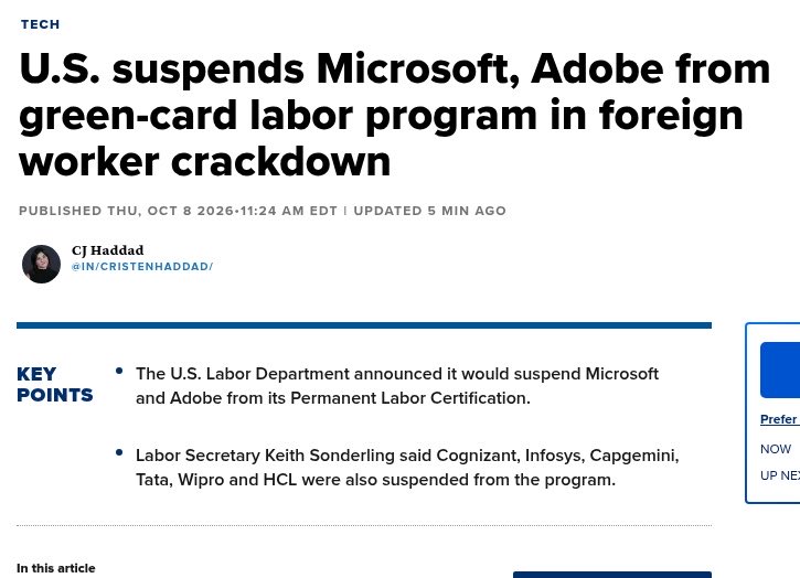 KevinWelchCEO's tweet photo. Eight companies just lost access to a key green-card step. The Labor Department suspended @microsoft , @adobe , @cognizant , @infosys , @Tata, @Wipro, @HCL and @Capgemini from PERM. No new or pending applications will be processed. No responses from these companies yet. If you sponsor green cards, keep PERM recruitment records complete and accurate. #HR