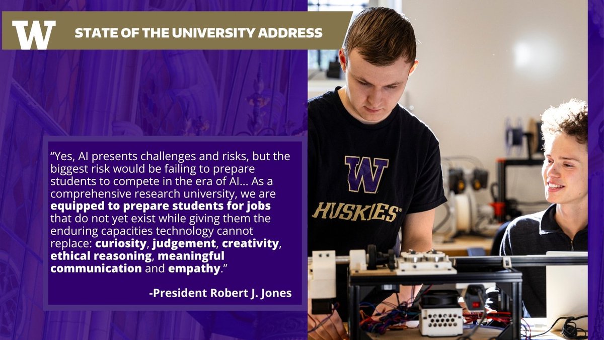 UW's tweet photo. "As a comprehensive research university, we are equipped to prepare students for the jobs that do not yet exist. " - President Robert J. Jones https://t.co/oQekFVXxxB