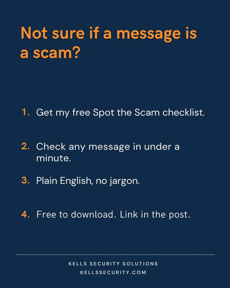 kellssecurity's tweet photo. Not sure if a message is a scam? I made a free checklist to check any text, email or call in under a minute. Plain English, no jargon. https://t.co/Sw8nVA6jDd What's the trickiest one you've had? #ScamAwareness https://t.co/eeMsXdUY9U
