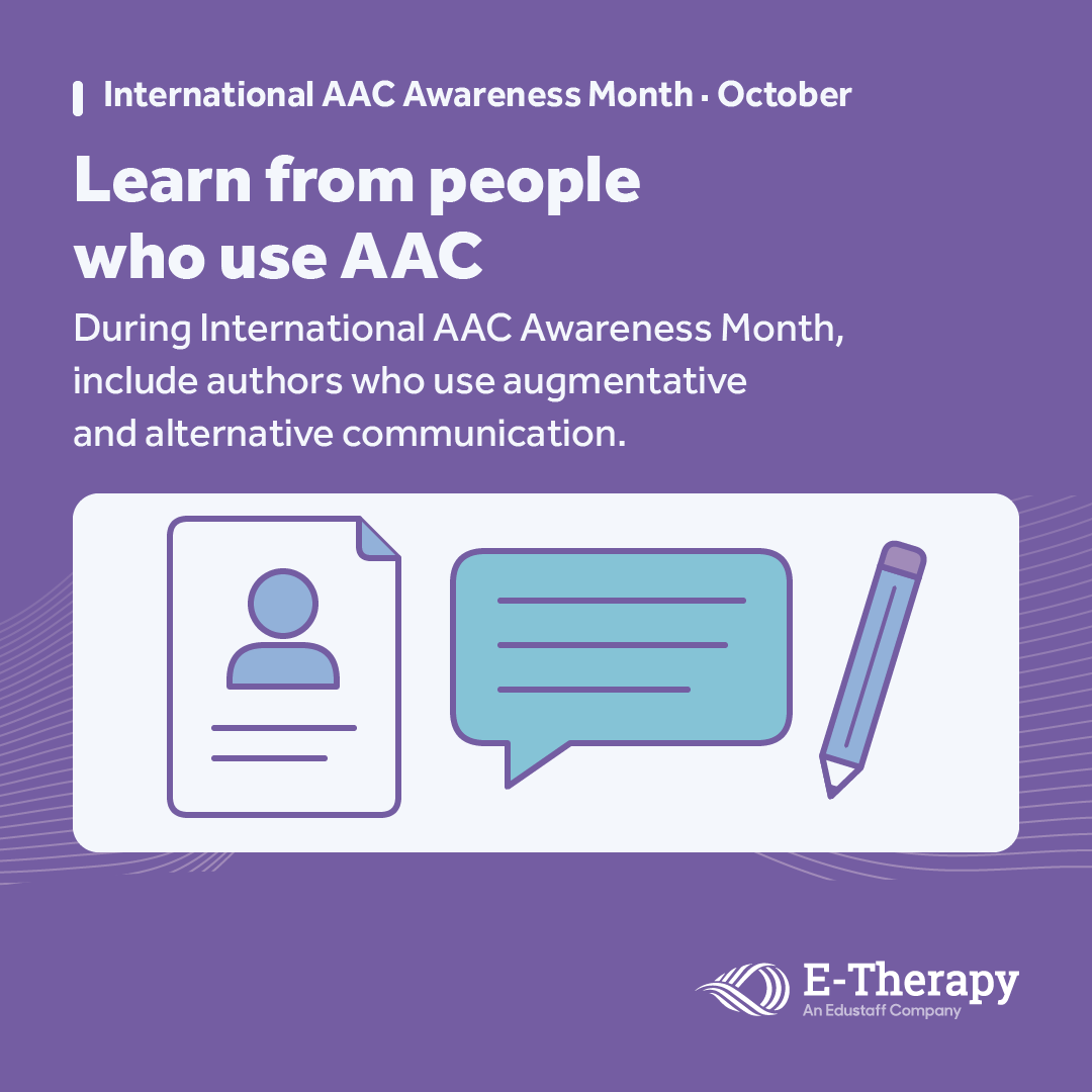 etherapyexperts's tweet photo. October is AAC Awareness Month. 

As we learn about augmentative and alternative communication, make space for the voices and perspectives of people who use AAC. 

Their experiences matter. https://t.co/EKVFbUGjGI