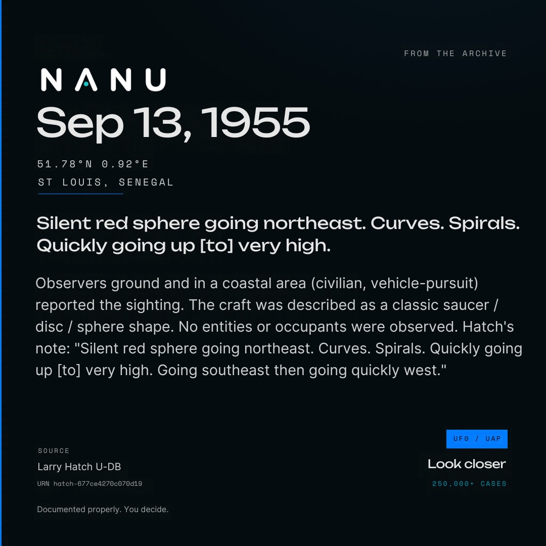 Nanu_App's tweet photo. From the Archive.

Saint-Louis, Senegal. 13 September 1955.

A red sphere. Silent. Northeast, then a curve, then a spiral. It climbed until it was gone. Then southeast. Then hard west.

Date, place and source on the map.
250,000+ cases.

Look up your area. https://t.co/eXnEX3kPqV