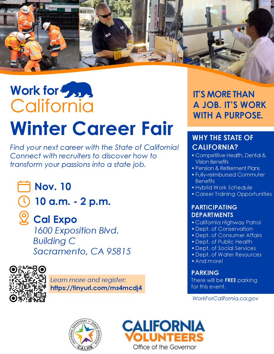 CAChildSupport's tweet photo. Have you been wanting to work for the state of California? Join us and other state agencies at the Winter Career Fair on November 10th from 10 am to 2 pm. Learn more and register here: https://t.co/xKlX3gbFZR https://t.co/Z53qUAjrYw