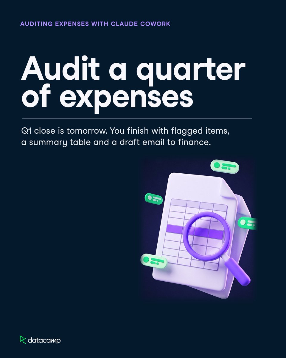 DataCamp's tweet photo. The fastest way to learn Claude Cowork: hand it a messy folder and a deadline.

3 new projects, 15 minutes each:
→ Appeal a denied MRI claim
→ Rank 50 leads
→ Audit a quarter of expenses

Finish one, then keep going: DataCamp is 50% off until Oct 22 ⏰

https://t.co/UG1FPqxV2q https://t.co/ykqVbnOWXI