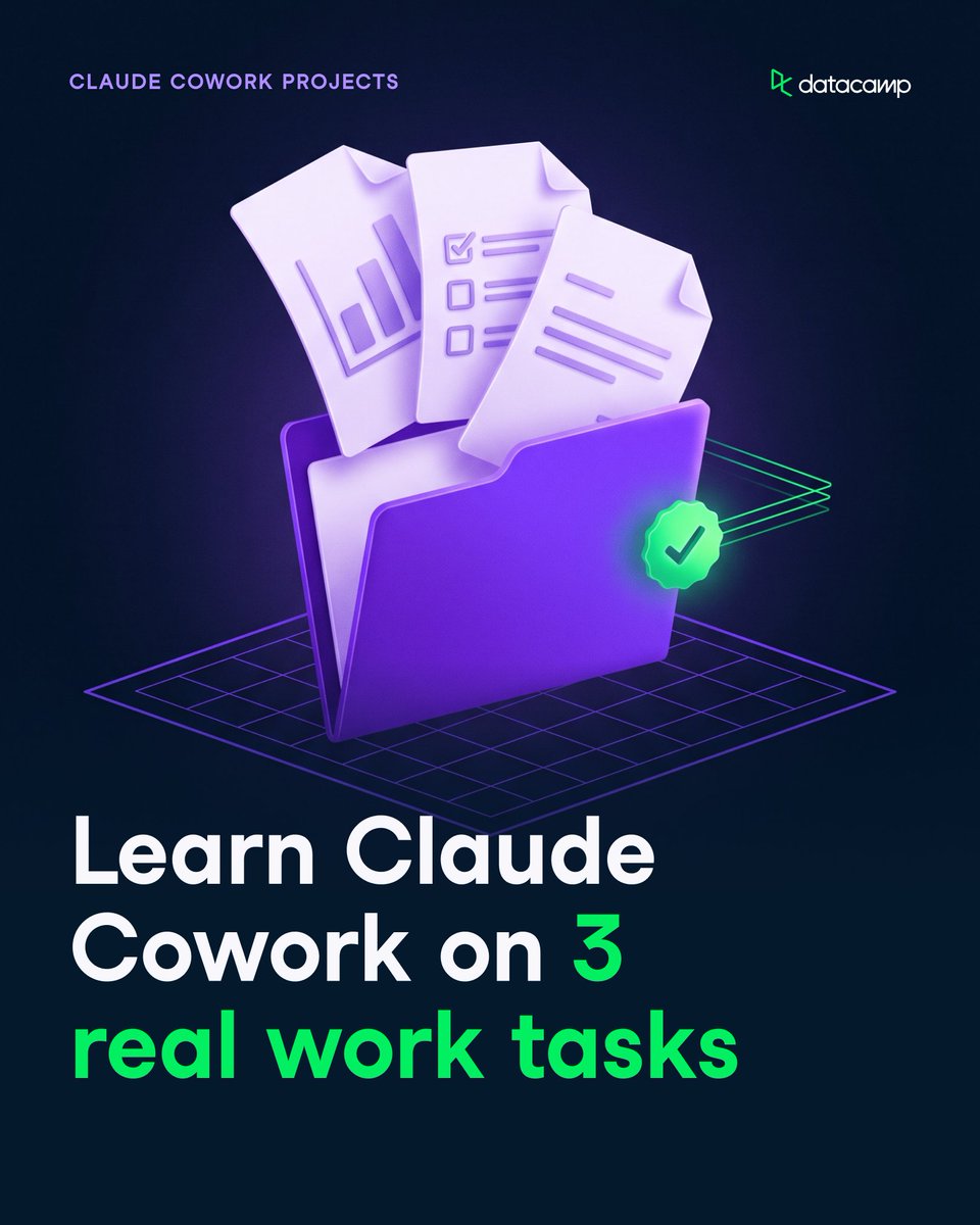 DataCamp's tweet photo. The fastest way to learn Claude Cowork: hand it a messy folder and a deadline.

3 new projects, 15 minutes each:
→ Appeal a denied MRI claim
→ Rank 50 leads
→ Audit a quarter of expenses

Finish one, then keep going: DataCamp is 50% off until Oct 22 ⏰

https://t.co/UG1FPqxV2q https://t.co/ykqVbnOWXI