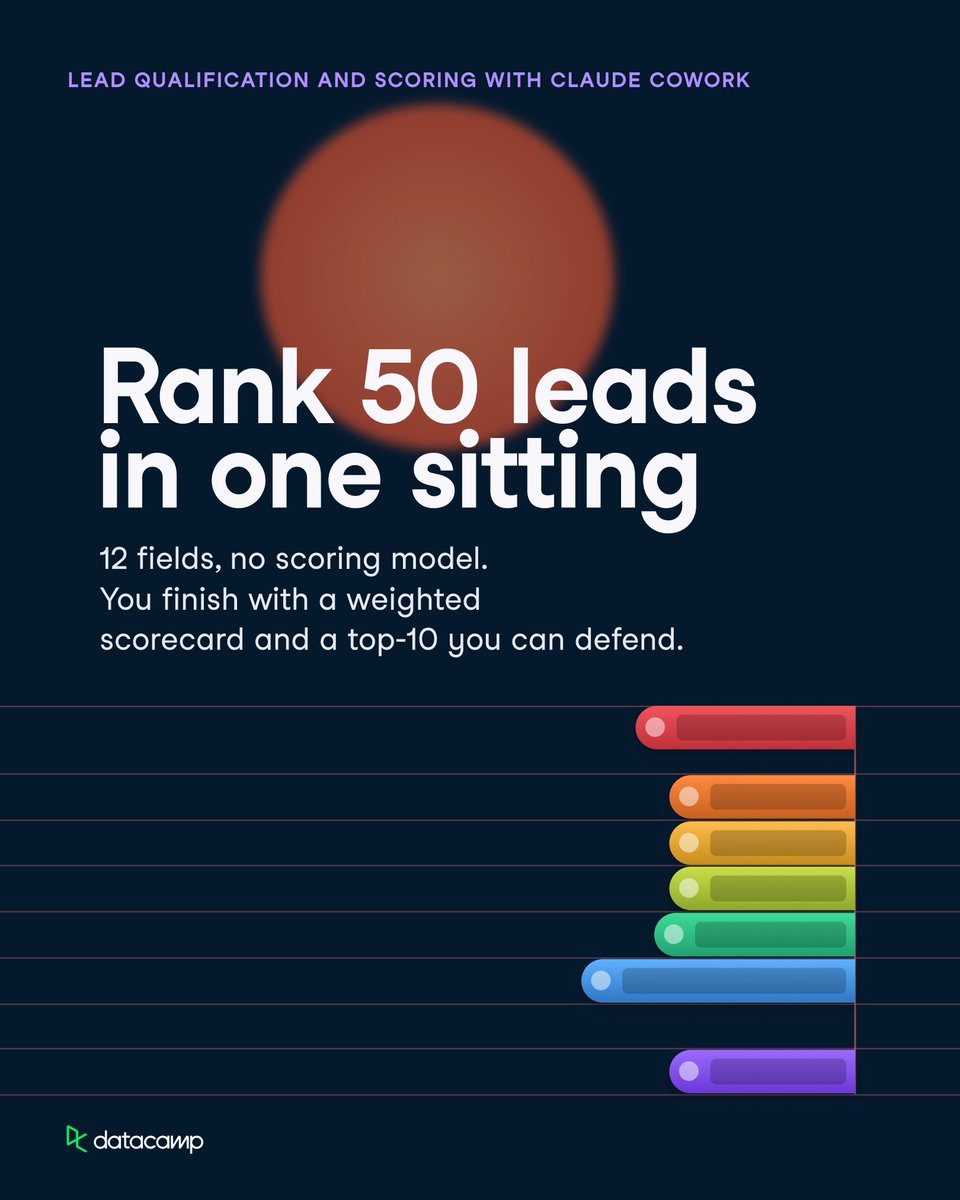 DataCamp's tweet photo. The fastest way to learn Claude Cowork: hand it a messy folder and a deadline.

3 new projects, 15 minutes each:
→ Appeal a denied MRI claim
→ Rank 50 leads
→ Audit a quarter of expenses

Finish one, then keep going: DataCamp is 50% off until Oct 22 ⏰

https://t.co/UG1FPqxV2q https://t.co/ykqVbnOWXI