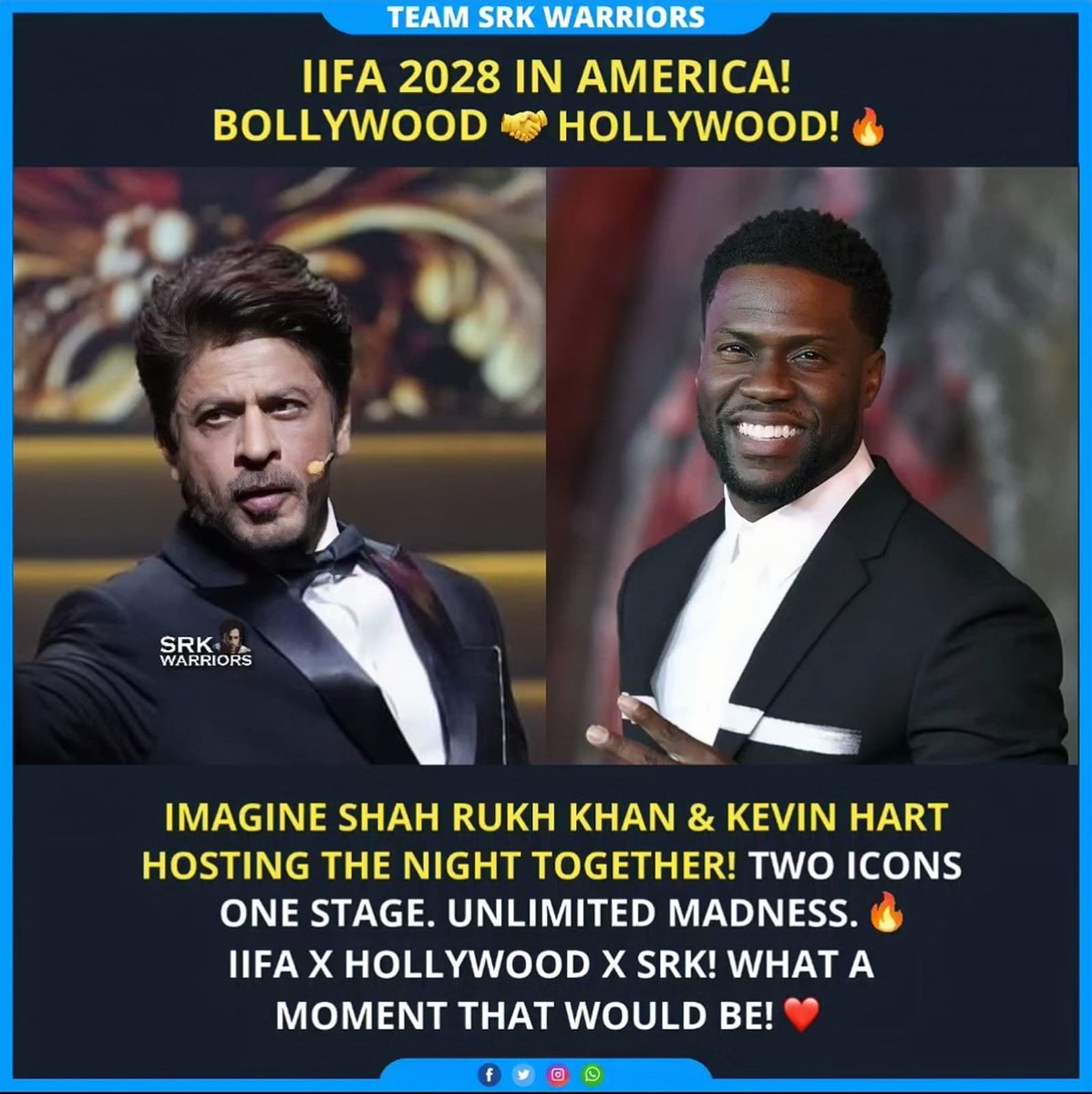 TeamSRKWarriors's tweet photo. IIFA 2028 in America 🇺🇸
Bollywood 🤝 Hollywood!

Imagine Shah Rukh Khan 👑 &amp; Kevin Hart hosting the night together! 🔥
Two icons. One stage. Unlimited madness. 😂❤️
IIFA x HOLLYWOOD x SRK - WHAT A MOMENT THAT WOULD BE! 🌎👑 https://t.co/OZqrzTNqWD