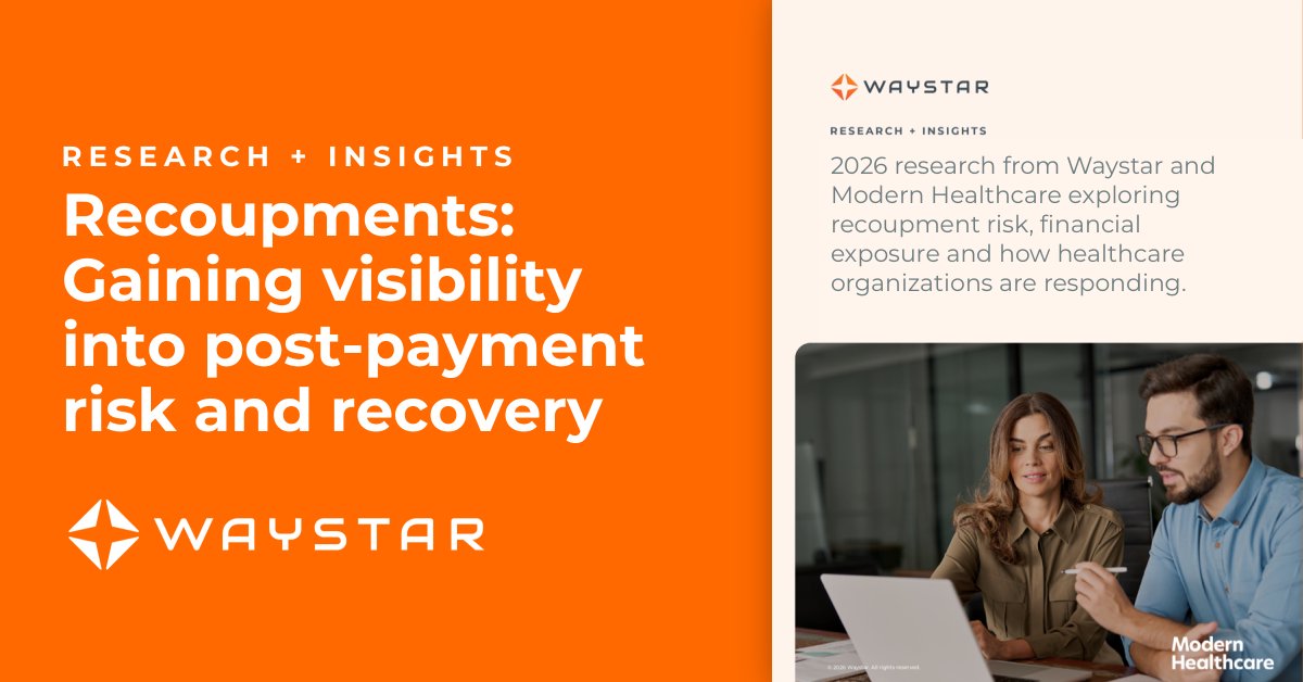 Waystar's tweet photo. A paid claim isn’t always a protected claim. Recoupments are growing 2x faster than overall claim volume — and revenue risk can continue long after a claim is paid. 

New research from Waystar + @modrnhealthcr explores what 92 healthcare leaders say about post-payment risk, visibility + prevention.>> https://t.co/6ITwteIq1r  

#RevenueCycle #RCMResearch #Recoupments