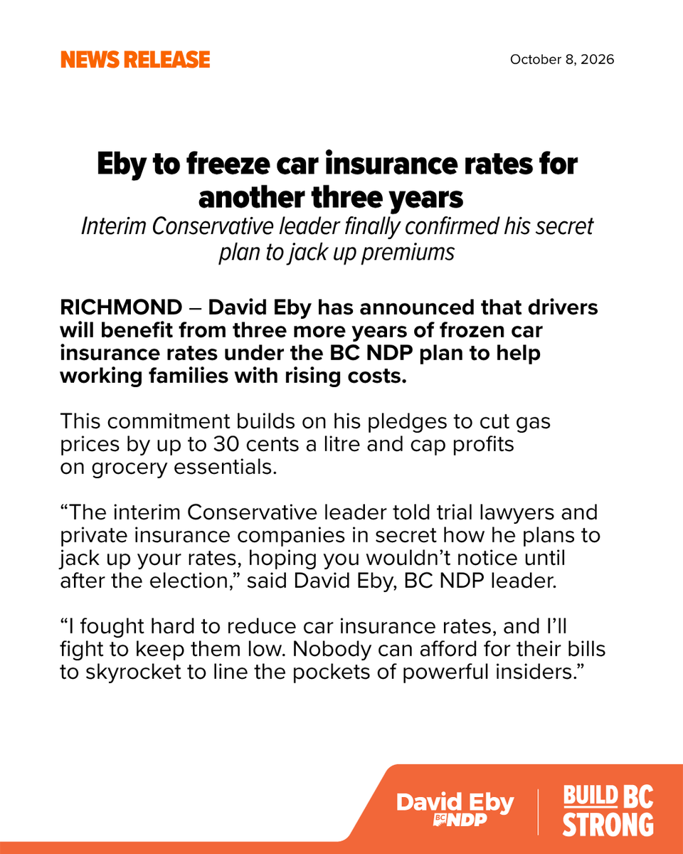 bcndp's tweet photo. BREAKING: @Dave_Eby to freeze car insurance rates for another three years https://t.co/J3JnjZueu6