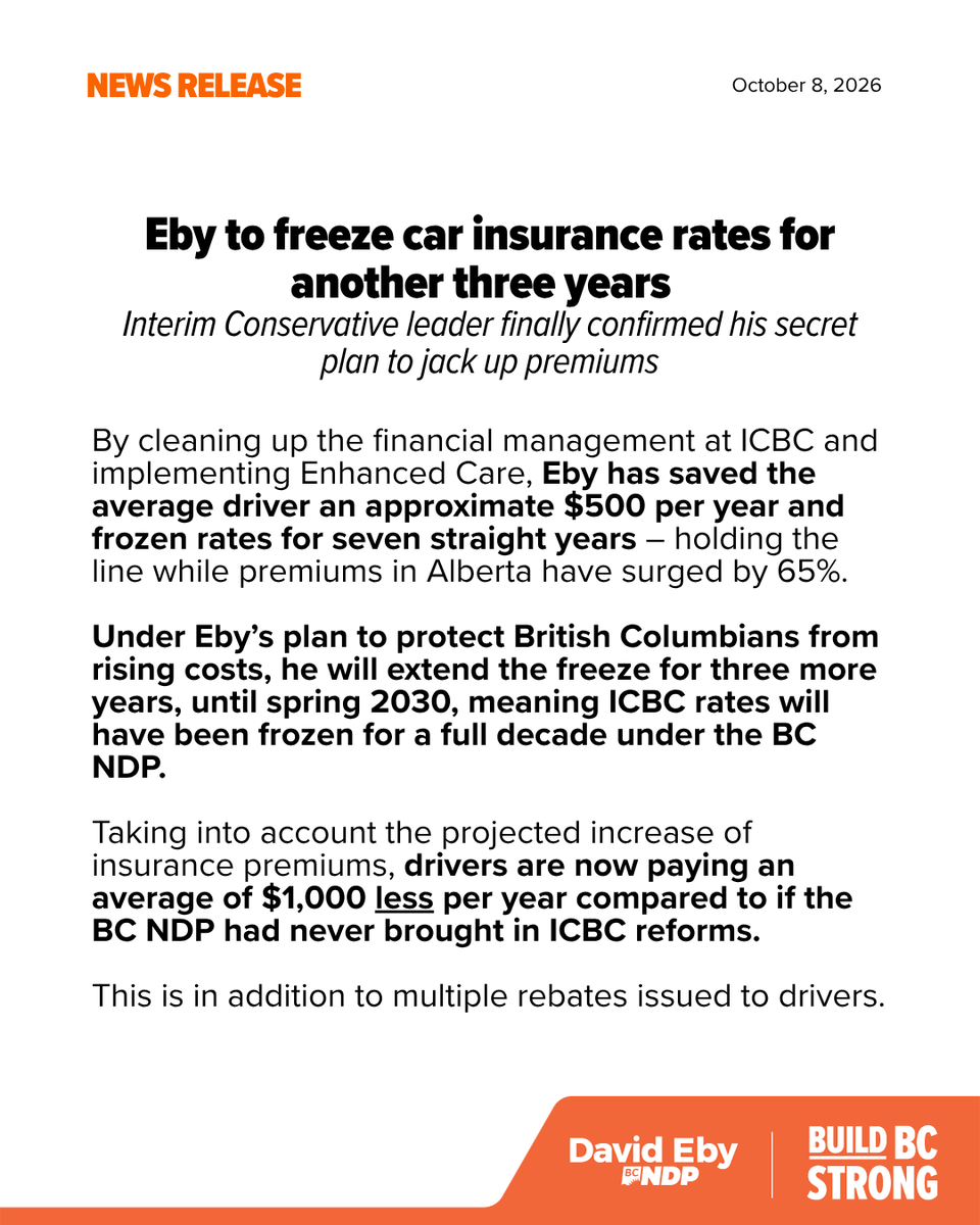 bcndp's tweet photo. BREAKING: @Dave_Eby to freeze car insurance rates for another three years https://t.co/J3JnjZueu6