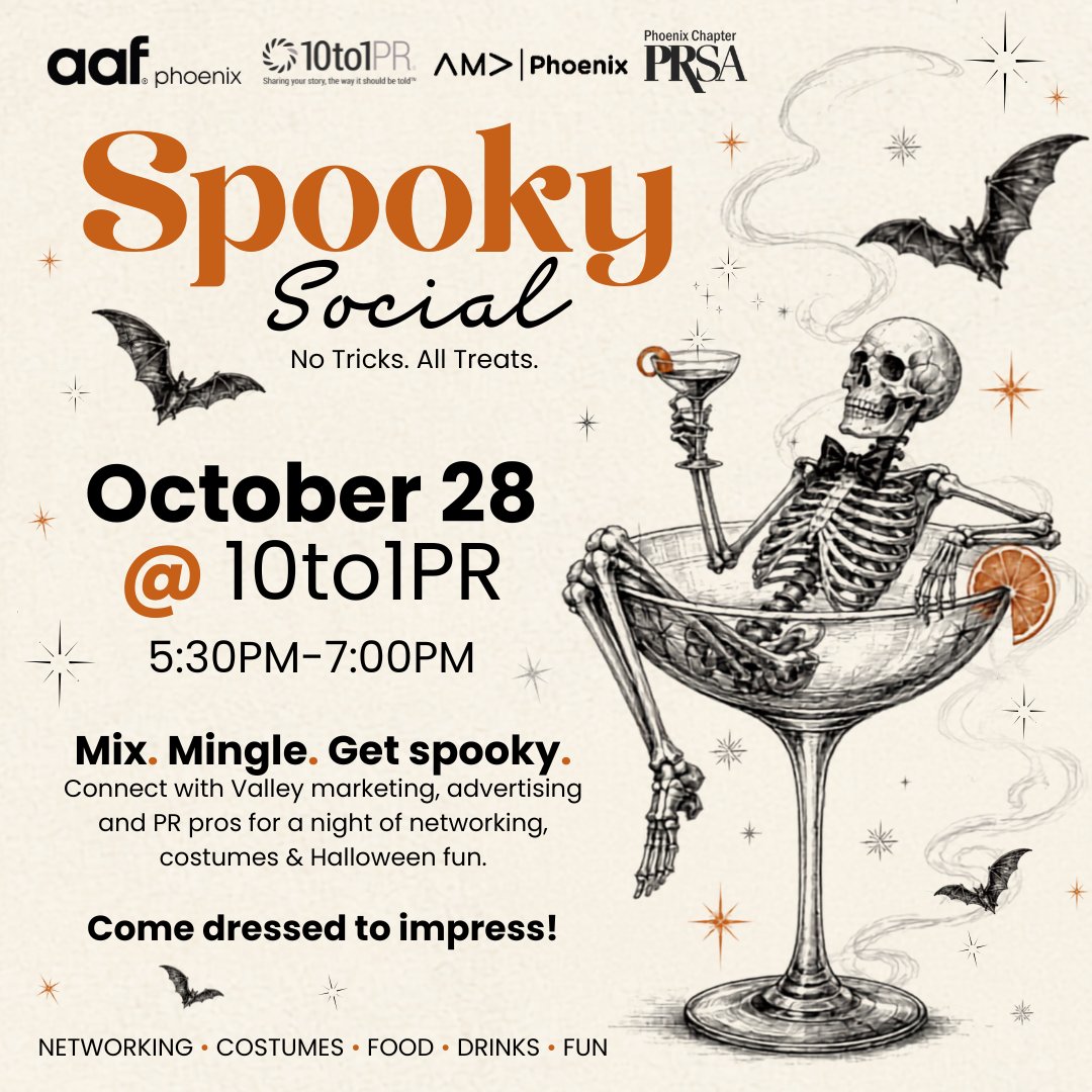PRSAPhoenix's tweet photo. Halloween plans? We’re teaming up with @amaphoenix and Phoenix Ad Club for Spooky Social! Expect food, drinks, networking and a costume contest.

Oct. 28 from 5:30 to 7 p.m. at @10to1PR in Scottsdale
Members: Free | Nonmembers: $20

More: https://t.co/uO5jU2O9a1 https://t.co/hXC8O3V0H6