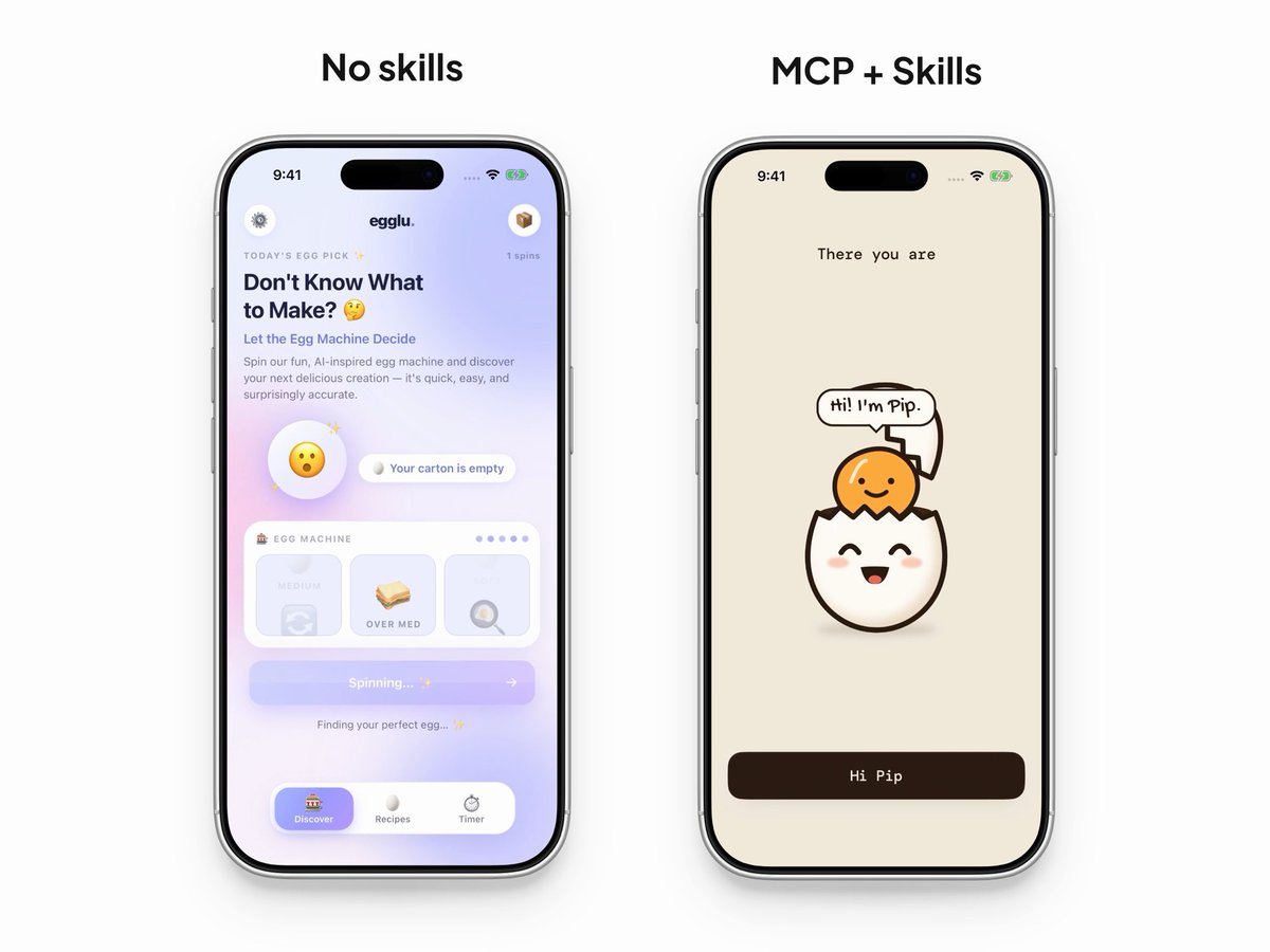 Two smartphone screens are displayed side by side labeled 'No skills' and 'MCP + Skills,' showing an egg-themed app interface with a character named Pip.