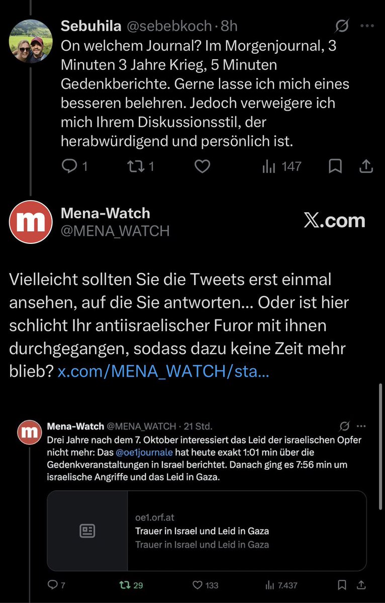 MENA_WATCH's tweet photo. @sebebkoch Dass Sie in einem automatisierten Furor: „Aber Israel…“ gerufen haben, bevor Sie auch nur wussten, worum es geht, haben wir in der Tat konstatiert. Aber wo wir Sie als antisemitisch bezeichnet hätten, können Sie bestimmt genau so gut belegen wie das mit dem Ö1-Mittagsjournal… https://t.co/PR8fb0KIeY
