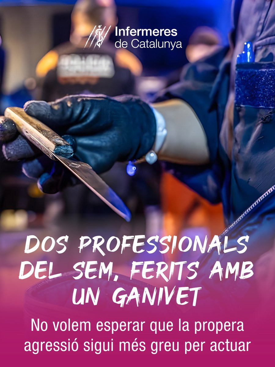 CatInfermeres's tweet photo. 🚨 DOS PROFESSIONALS DEL SEM, FERITS AMB UN GANIVET

📍 1 de setembre | Barcelona

Una unitat del SEM és activada per un avís sanitari ordinari.

⚠️ Cap alerta prèvia de risc.

Quan els professionals arriben al lloc, la persona que havia demanat assistència els amenaça i es llança contra ells amb un ganivet.

🩸 Dos professionals resulten ferits.
 🚓 La policia encara no havia arribat.

Fa més d’un any que Infermeres de Catalunya al SEM reclama armilles antipunxades per als professionals de les unitats assistencials.

La resposta del SEM havia estat que:
 ❌ no constaven professionals ferits per arma blanca
 ❌ el servei ordinari no estava exposat a aquest risc

Els fets de l’1 de setembre ho desmenteixen.

✊ Hem tornat a registrar la reclamació.
🦺 No volem esperar que la propera agressió sigui més greu per actuar.

👉 Llegeix la notícia completa:
🔗https://t.co/aaDGvA0KUc

#InfermeresDeCatalunya #infermerescomtu #SEM #PrevencióDeRiscos