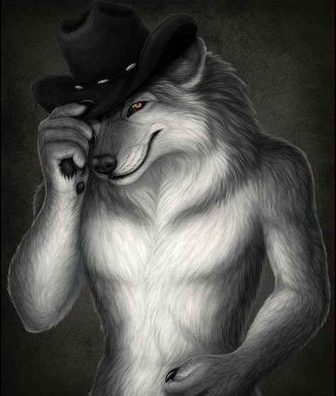 A digital illustration of a white wolf wearing a black cowboy hat, tipping the brim with its paw and smirking.