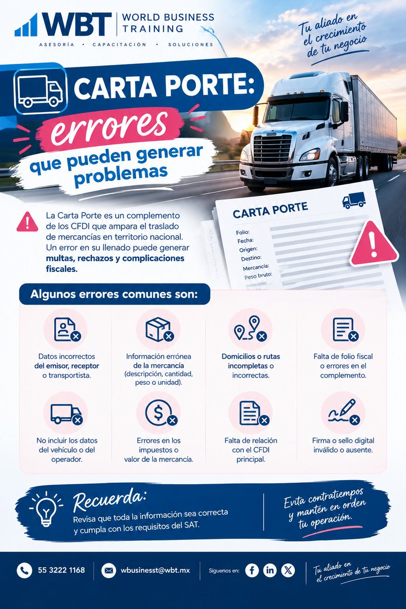 WorldBusinessT3's tweet photo. 🚛 ¿Tu empresa transportista utiliza Carta Porte?
Un error puede generar multas y complicaciones fiscales.
⚠️ Revisa:
✔️ Datos de emisor y receptor
✔️ Mercancía
✔️ Ruta y domicilios
✔️ Vehículo y operador
✔️ CFDI relacionado
✔️ Folio y sello digital

#CartaPorte #Transportistas https://t.co/Lpr1qtgM64