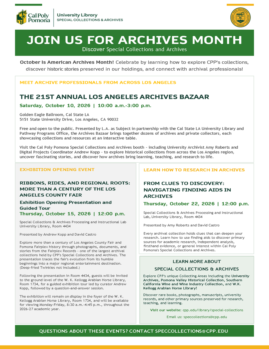 WKKAHL's tweet photo. βοΈ October is American Archives Month! π
Join Special Collections & Archives for exciting events!
π Archives Bazaar at @calstatela π‘ Fairplex Records exhibition π» Learn to use archival finding aids
π§ speccollections@cpp.edu
#AmericanArchivesMonth #CPPLibrary https://t.co/3UT5WUEdGD