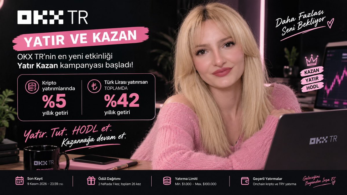 PelinayPA's tweet photo. 🏆 OKX TR YATIR VE KAZAN Başladı!
OKX TR’nin yeni Yatır Kazan kampanyası başladı. Üstelik sadece varlıklarını platforma taşıyarak yıllık %5 getiri fırsatından yararlanabilirsin. 

👉 Nasıl Katılırım?
▪️ Öncelikle OKX TR'ye üye değilseniz aşağıdaki link ile üye olun üye olun. Üyeliğiniz varsa adımları takip edin. 
🔗 https://t.co/x1qIHTpFIN
▪️#OKXTR uygulaması üzerinden ana sayfada yer alan "Yatır Kazan" bölümüne gidin.
▪️"Teklifi Görüntüle" seçeneğini seçin.
▪️Etkinlik koşullarını beyan eden seçeneği işaretleyin ve "KATIL" butonuna tıklayın. Ardından gelen ekran ile varlık yatırıp kazanmaya başlayabilirsiniz. 

🇹🇷 Türk Lirası Yatırırsan?
#OKX TR’nin Türk Lirası Getiri özelliğiyle birlikte toplamda %42 yıllık getiri elde etme fırsatı sunuluyor.

📌 Peki kripto yatırırsan?
Yatırdığın kripto varlığın fiyatı sonradan düşse bile kampanya kapsamında yatırma anında kampanya sayfasına yansıyan değer baz alınmaya devam ediyor.

🔒 Üstelik varlıklarını kilitlemen gerekmiyor.
İşlem yapabilir, varlıklarını tutabilir ve HODL ile kazanmaya devam edebilirsin. Ancak çekim yaptığında kampanya bakiyesi değişiyor ve sonraki ödül dağıtımı güncel net yatırma oranına göre hesaplanıyor.

⏳ SON KAYIT: 9 Kasım 2026 – 23.59 TSİ
Kampanyadan yararlanmak için bu tarihten önce hem kayıt olman hem de yatırma işlemini gerçekleştirmen gerekiyor.

🎁 Ödül Sistemi:
• Yıllık %5 getiri
• 2 haftada 1 ödeme
• Toplam 26 ödül dağıtımı
• Kayıt dönemindeki yatırımlar geçerli
• Sonrasında yapılan yatırımlar hesaplamaya dahil değil

💵 Yatırma limiti:
Minimum 1.000$
Maksimum 100.000$

⚠️ Yalnızca on-chain kripto yatırma ve TRY yatırma işlemleri geçerli.
Yatır, işlem yap, HODL et. Kazanmaya devam et. 🚀
#İşbirliği #Tanıtım