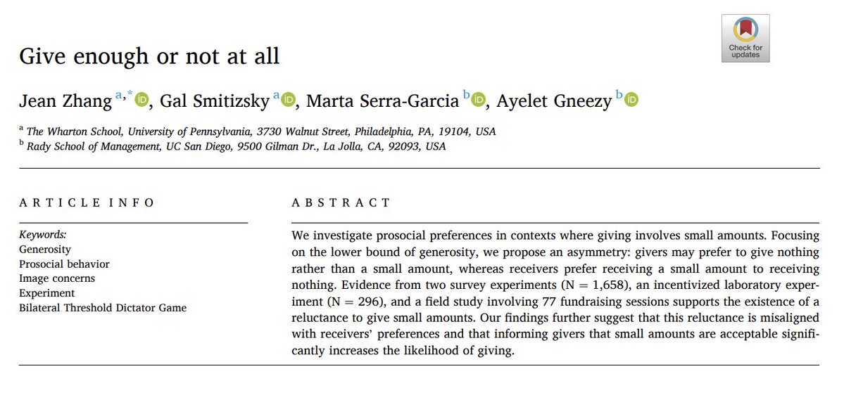 BehaviorChange's tweet photo. New research by Team Scientist @agneezy & collaborators finds givers think a monetary gift needs to be bigger than receivers do. For charitable giving, this means those who might have donated a small amount give nothing instead.

In one study, telling givers that small gifts are welcome made them more likely to give.

https://t.co/Zjg7ue49eP