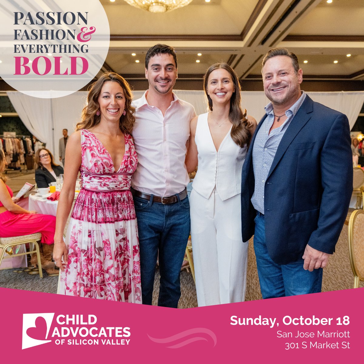 ChildAdvocateSV's tweet photo. Do you love shopping for a great cause? 🛍️ 🤍  

You're in luck! Join us for the Fifth Annual Passion, Fashion & Everything Bold on Sunday, October 18 and show off while you SHOW UP for foster youth. 

Don't miss your chance to shop dozens of local businesses at the Pop Up Boutique, toss your name in the hat for exciting raffle prizes, raise your paddle to win exclusive prizes, and sip to your hearts content over bottomless mimosa brunch!

Be BOLD—Register Today! ➡️ https://t.co/6vSbTvfwWN