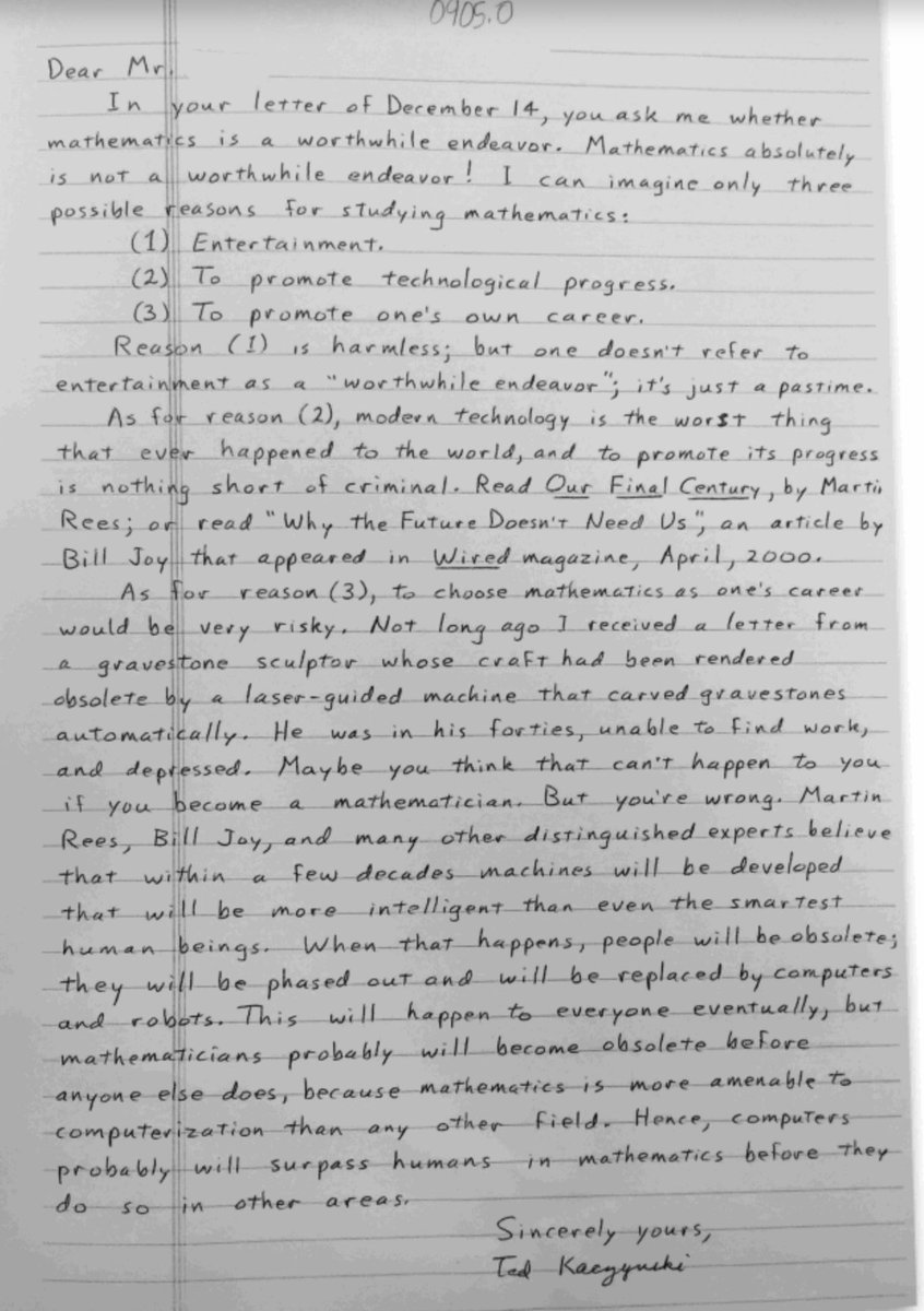 Alistaired_Van's tweet photo. Concerning the recent OpenAI Math publications, I couldnt help but be reminded by this stark letter.. (I think it was written in the early 2000s) https://t.co/Mf4q03OaKR