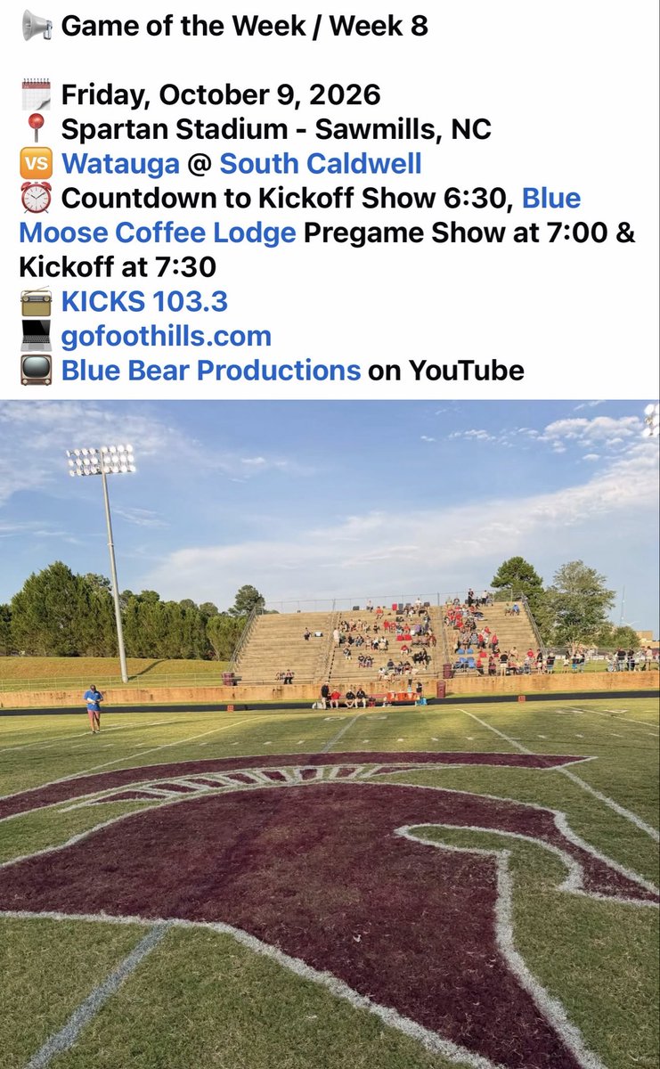 ScoreboardRadio's tweet photo. Absolutely huge matchup between two long time rivals this Friday night with multiple ways to partake! @PerfectEffort14 @SouthCaldwell_1 @LinkJeffery @dmjones66 
#nchsaa #boysoffall #highschoolfootball https://t.co/grpO9jNArh