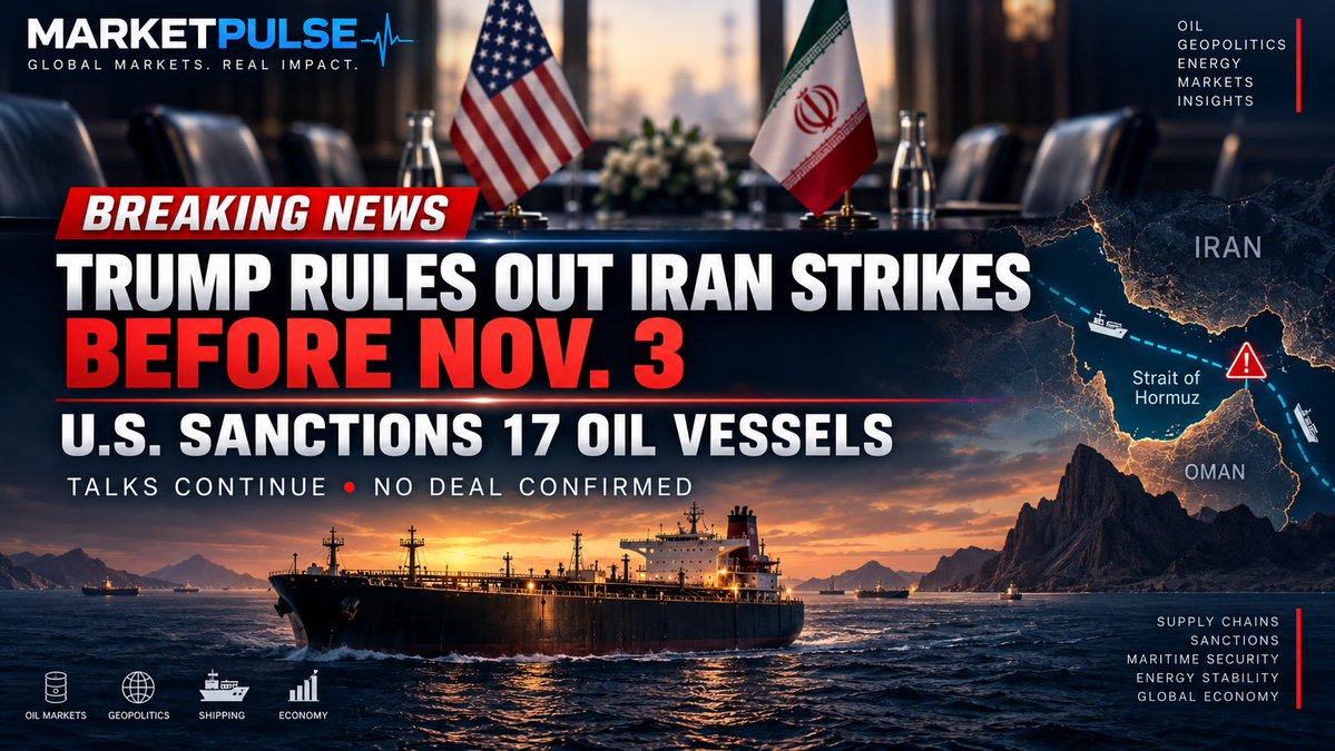 MarketsPulse24H's tweet photo. 🚨 BREAKING | WASHINGTON SIGNALS DIPLOMACY WHILE TIGHTENING PRESSURE ON IRAN

President Donald Trump announced that the United States will not attack Iran before the November 3 midterm elections, citing productive diplomatic discussions with Tehran.

However, Washington has simultaneously introduced new sanctions targeting 17 vessels involved in transporting Iranian crude oil, petroleum products and petrochemicals.

The announcements reveal a complex American strategy: reducing the immediate threat of military escalation while maintaining economic pressure.

MARKET PULSE VIEW

For global oil markets, these developments create competing forces.

Trump’s commitment to avoid new military strikes before November 3 could temporarily reduce the geopolitical risk premium affecting WTI and Brent.

But the latest sanctions demonstrate that Washington is not abandoning its campaign against Iranian oil exports.

The U.S. maritime blockade remains in force, and the Strait of Hormuz continues to face significant security risks.

A diplomatic breakthrough could eventually improve tanker movements and reduce transportation costs.

However, negotiations alone cannot guarantee the restoration of normal energy flows.

WATCH NEXT

Will Iran accept Washington’s latest counterproposal?

Can the Strait of Hormuz reopen through a negotiated agreement?

Will additional sanctions further restrict Iranian crude exports?

Could tensions intensify again after the November elections?

The central question for energy traders is whether diplomacy can produce an enforceable agreement before geopolitical pressure escalates again.

For WTI, the direction of the next major move may depend on the difference between diplomatic promises and measurable changes in physical oil supply.

Sources: Reuters | October 8, 2026

#WTI #OilMarkets