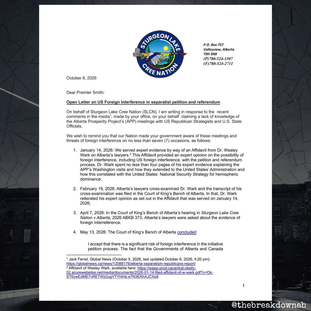 TheBreakdownAB's tweet photo. Sturgeon Lake Cree Nation is calling out Smith’s claims she had no idea separatists were meeting with the US State Department…

While pointing out they raised the alarm on this months ago. 

With receipts. 

#abpoli #ableg #cdnpoli https://t.co/8RqCZpFms9