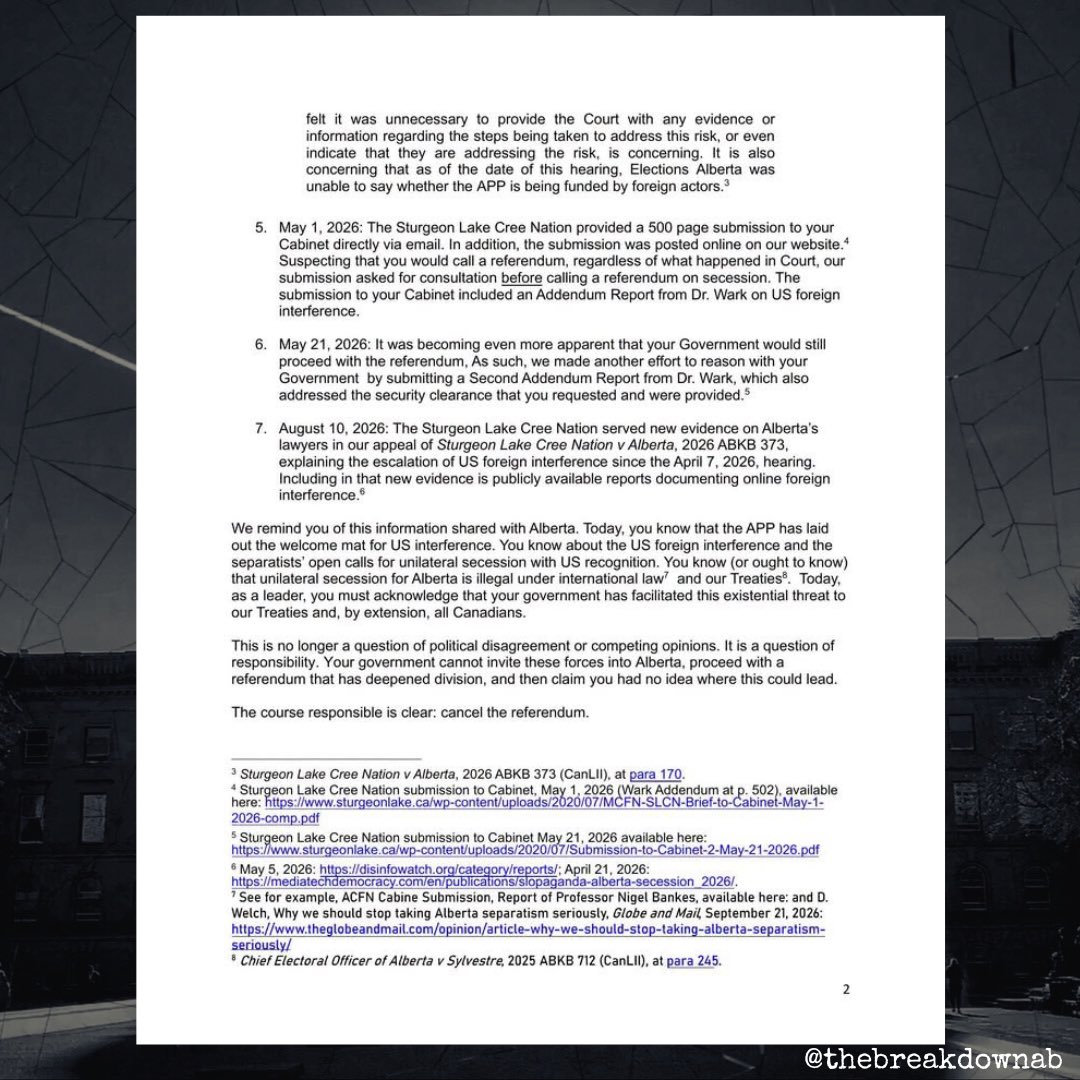 TheBreakdownAB's tweet photo. Sturgeon Lake Cree Nation is calling out Smith’s claims she had no idea separatists were meeting with the US State Department…

While pointing out they raised the alarm on this months ago. 

With receipts. 

#abpoli #ableg #cdnpoli https://t.co/8RqCZpFms9
