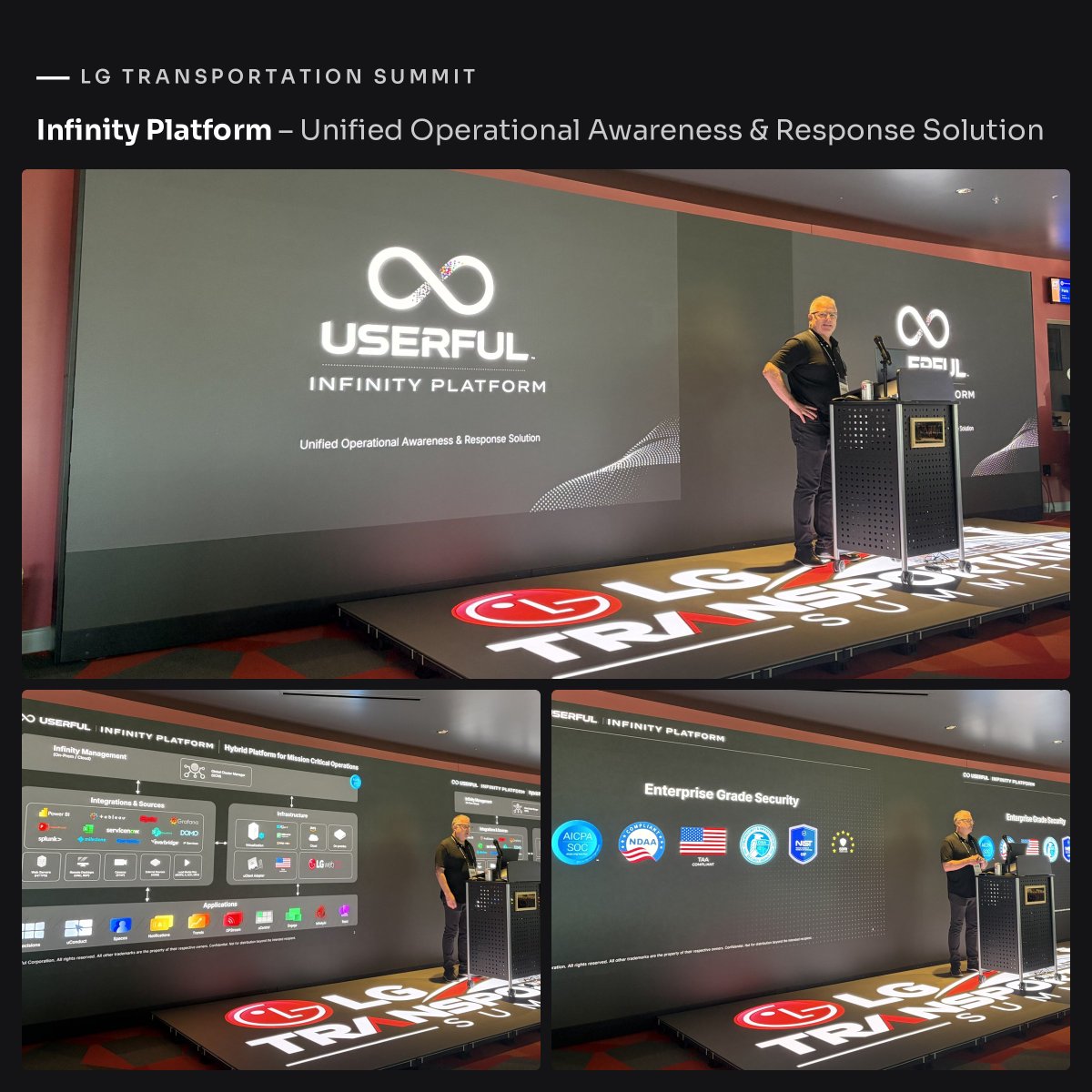 Userful's tweet photo. Today at the #LGTransportationSummit in Las Vegas, we showcased how the #InfinityPlatform helps airports and transportation operators bring their entire operation into one unified view.

Book a demo with our experts: https://t.co/oB42H6nPzc

#ControlRoom #TransportationOperations https://t.co/tjy7700BsW