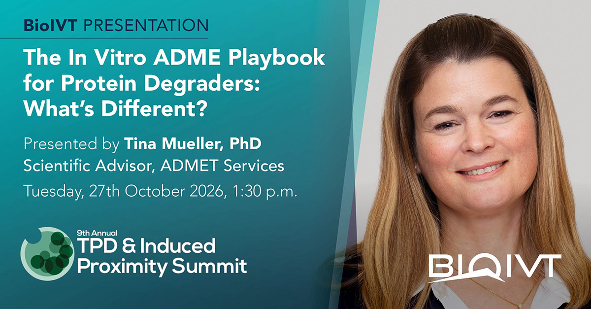 BioIVT's tweet photo. At the 9th TPD &amp; Induced Proximity Summit, BioIVT's Tina Mueller, PhD, will present “The In Vitro #ADME Playbook for #ProteinDegraders: What’s Different?” on October 27 at 1:30 pm. Learn more and request a meeting with our team: https://t.co/31TUU0DdzV https://t.co/Mfk5HUxBtX