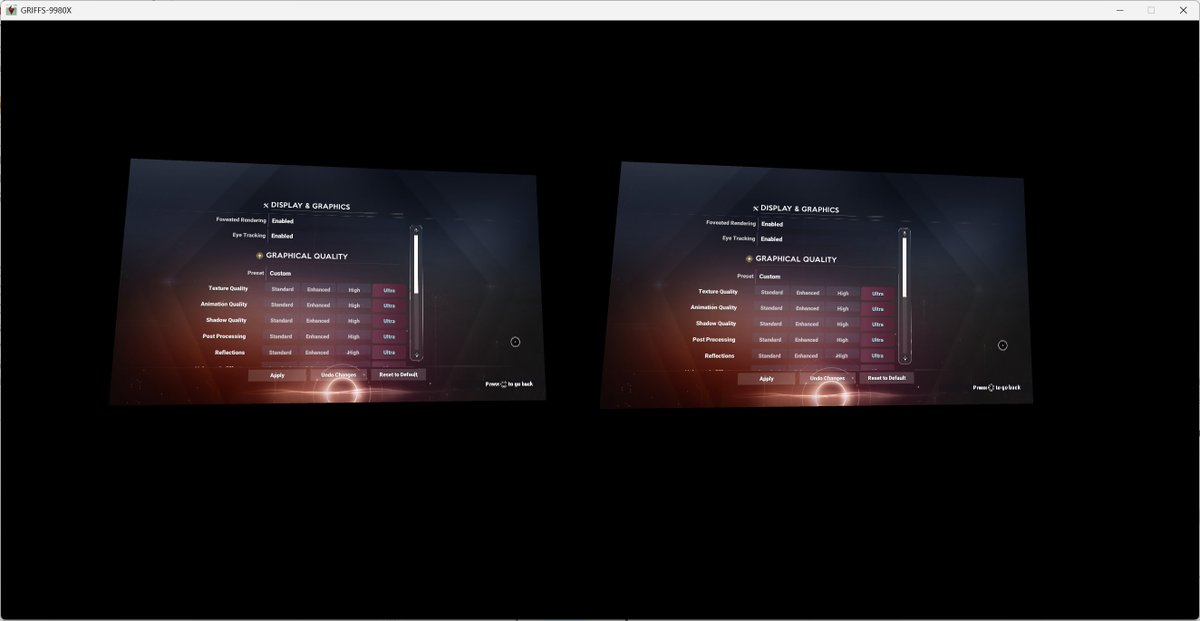 Griff_'s tweet photo. New options appear in-game on supported headsets!

For headsets without eye tracking, fixed foveated rendering should still be available, provided your graphics card supports VRS (Variable Rate Shading). https://t.co/nwqVnF4lFy
