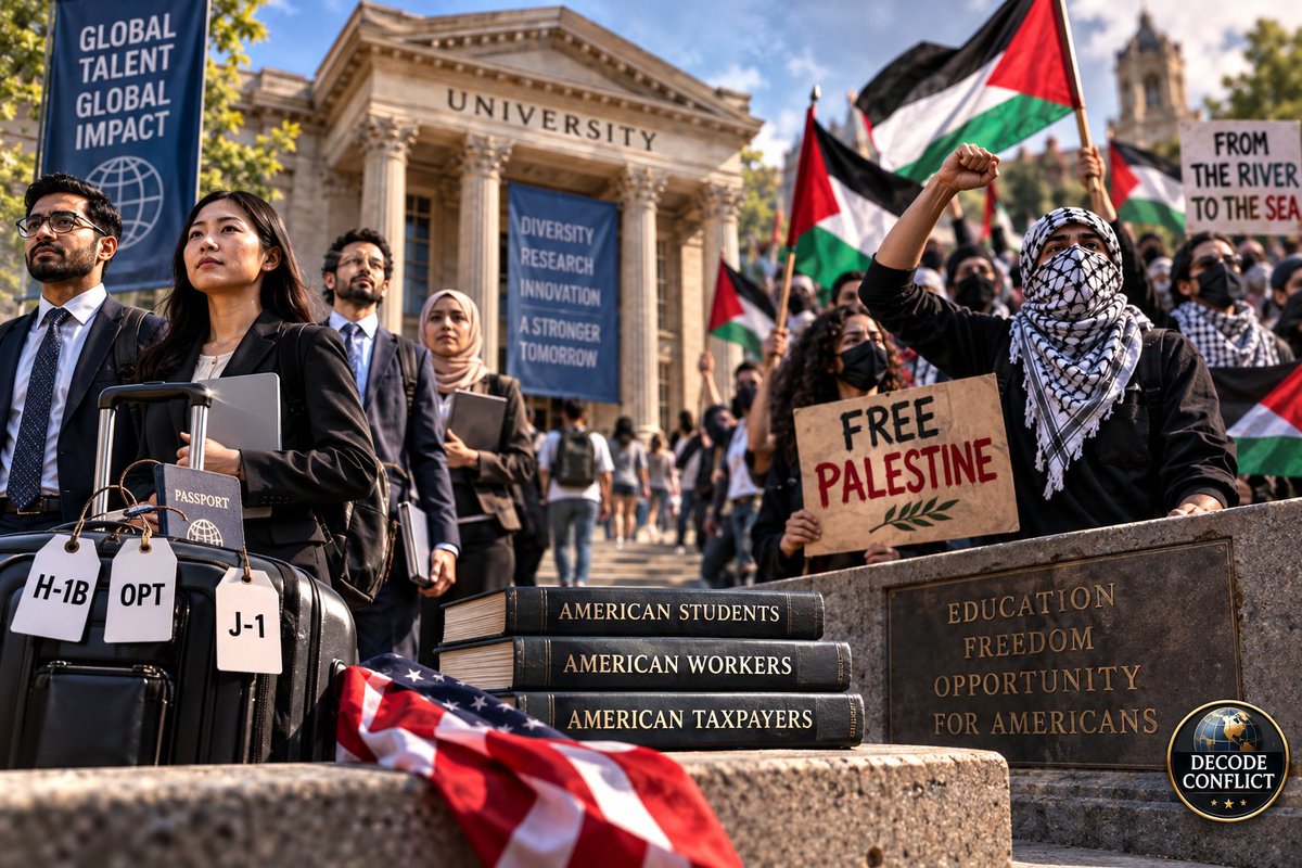 DecodeConflict's tweet photo. 🚨 AMERICAN UNIVERSITIES: FOREIGN WORKERS, FOREIGN ACTIVISM, AMERICAN TAXPAYERS

American universities receive billions in taxpayer funding while enjoying special immigration privileges to hire foreign workers, raising serious questions about opportunities for qualified Americans.

Meanwhile, some international students participate in aggressive “Free Palestine” protests, including demonstrations that disrupt campuses and interfere with other students' education.

Free speech is a constitutional right. But intimidation, violence, and unlawful disruption are not protected simply because they occur under a political banner.

America welcomes international students to study, not to violate the law or deny others their rights.

Universities must answer two questions: Are American workers getting a fair opportunity, and are campus rules being enforced equally?

Decode Conflict