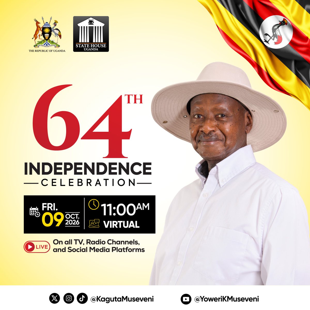 KagutaMuseveni's tweet photo. Fellow Ugandans, especially the Bazzukulu, join me tomorrow at 11:00am as we celebrate our 64th Independence Day and reflect on our journey as a country. https://t.co/GBYIvVvhDz