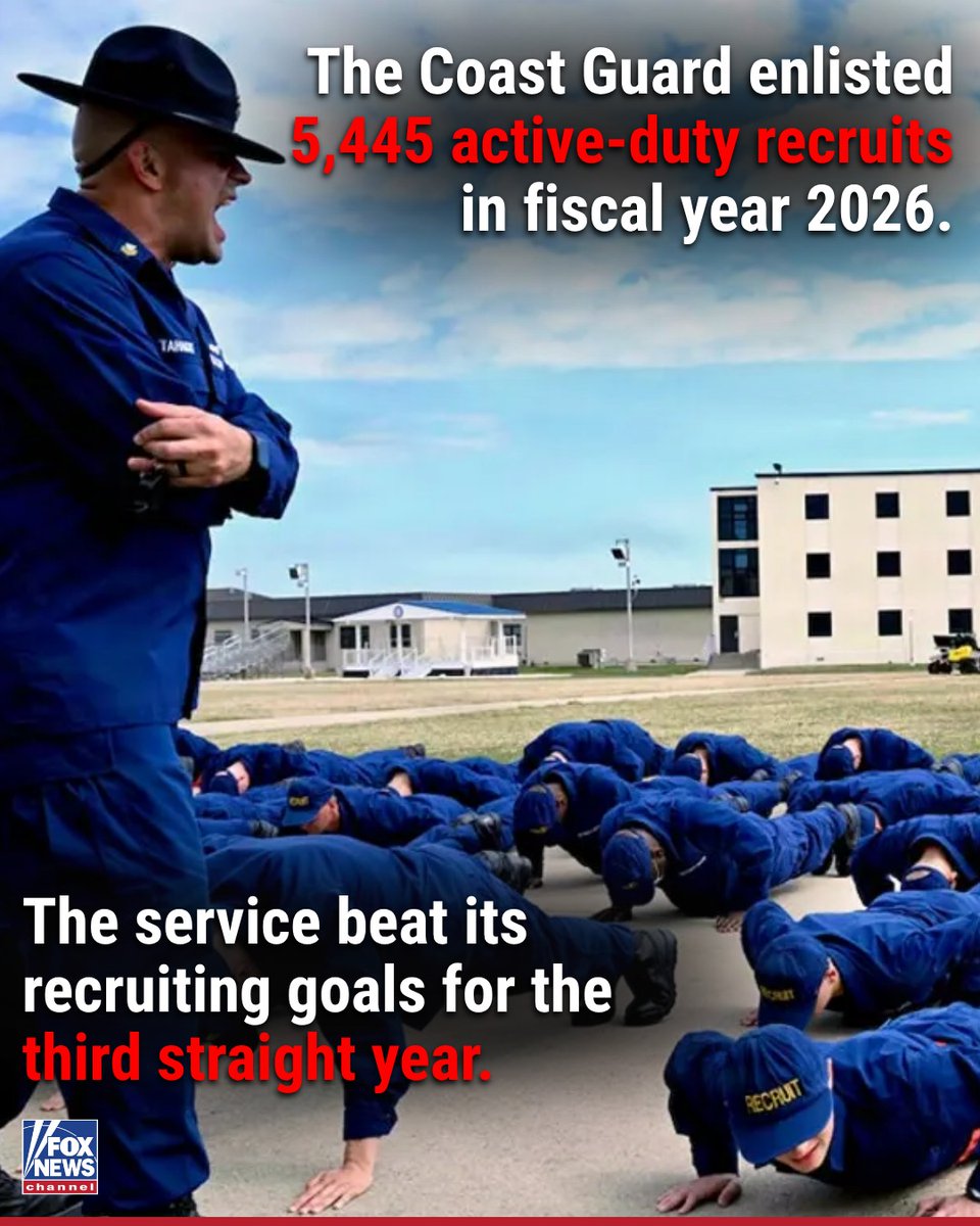 EmilyA147369's tweet photo. The U.S. Coast Guard recruited its largest class of recruits in nearly 40 years, exceeding its recruitment target for the third consecutive year. In fiscal year 2026, the Coast Guard recruited 5,445 active-duty soldiers, up from 5,204 in fiscal year 2025 and 4,422 in fiscal year 2024. In addition, the Coast Guard awarded 346