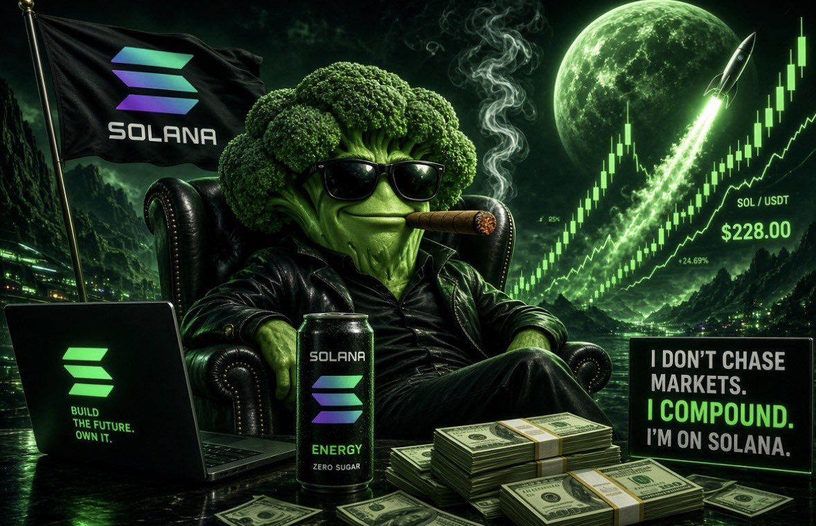 BROCCOmeme's tweet photo. Just a broccoli in a leather jacket, cigar in mouth, watching the chart go vertical on Solana.
No stress. No chasing. Just compounding.
#Solana https://t.co/uEIVmbQ3fg
