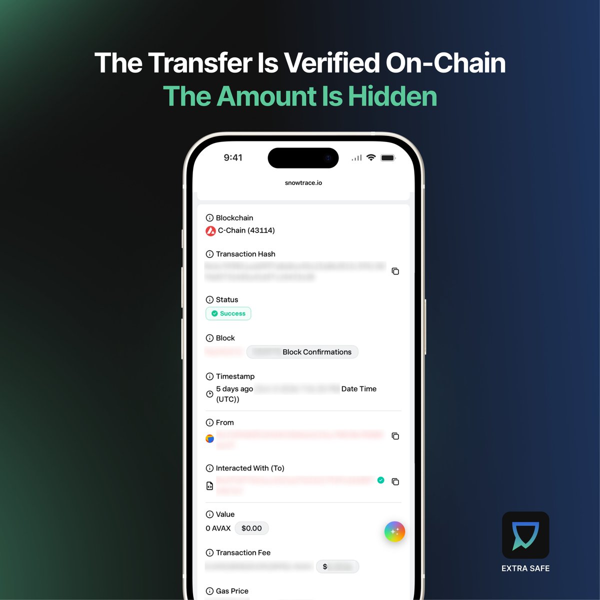 EXTRA_SAFE_CHAT's tweet photo. "Private tokens" might be the worst name for the best thing we shipped.  This is a #USDT payment to a creator. Verified on-chain. The amount is hidden.  Not a mixer. One of @avax's first eERC implementations, live now on https://t.co/Ac7hKJo3C8. https://t.co/b2zF7jlXAo