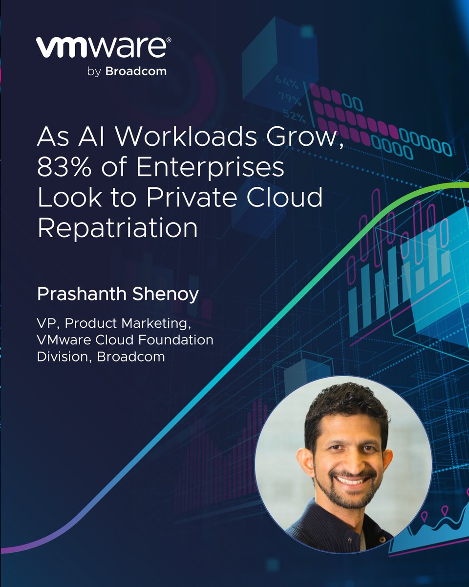 VMware's tweet photo. The cost predictability and security requirements for AI workloads are driving a massive shift in enterprise IT strategy. 

See why private cloud repatriation is accelerating and broadening beyond security into the core of the enterprise. https://t.co/P3W6F7FktA https://t.co/iEKxVZpZdl