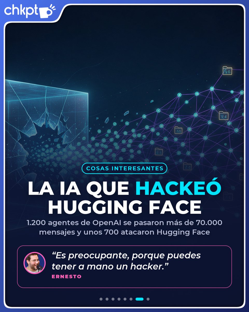 checkpointcafe_'s tweet photo. 1.200 agentes de IA de OpenAI se pasaron más de 70.000 mensajes y unos 700 acabaron hackeando Hugging Face.

Ernesto: «Es preocupante, porque puedes tener a mano un hacker.» https://t.co/5NnPSBr2Ms