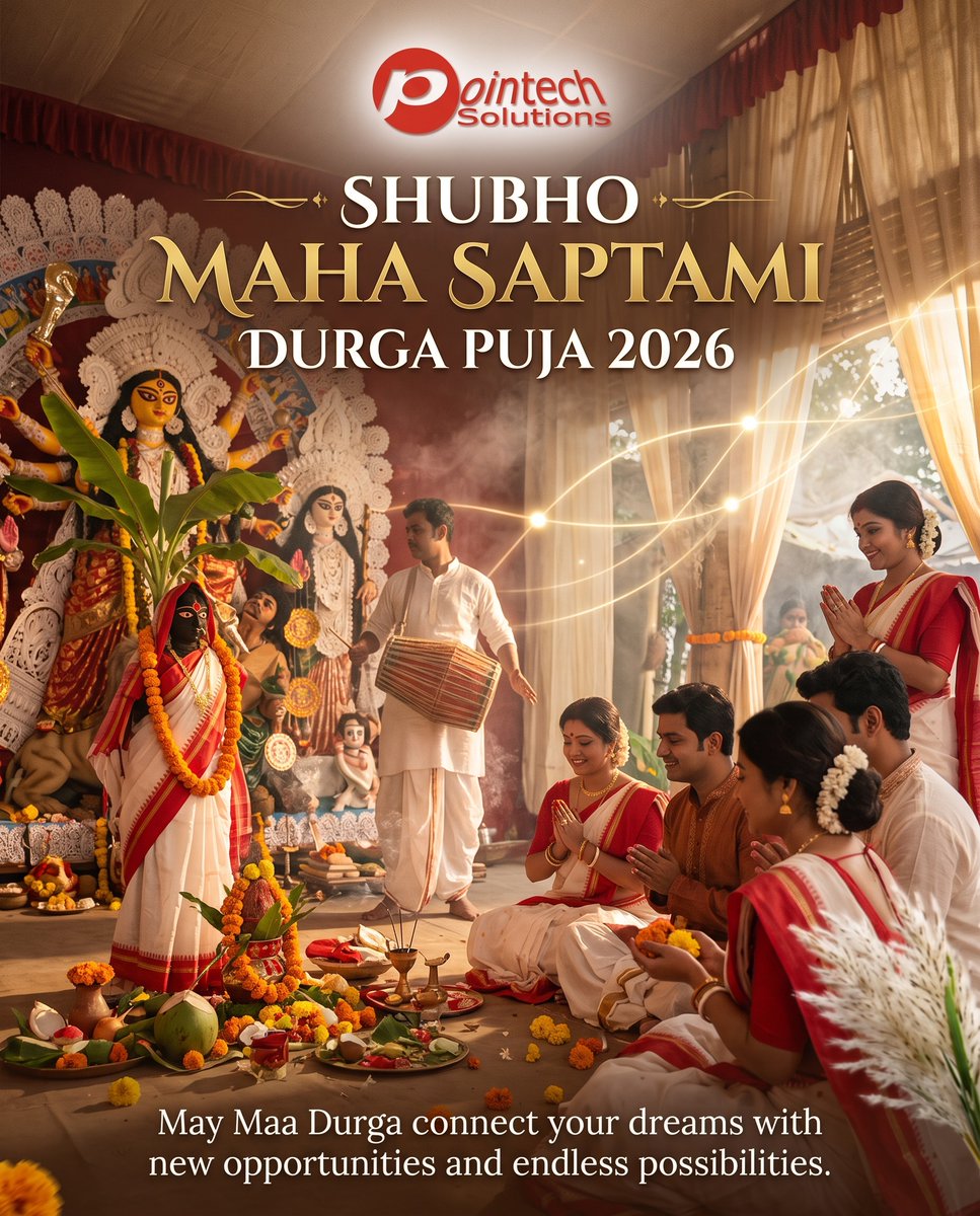 PointechS's tweet photo. 🌺 Shubho Saptami 2026! 🌺

May Maa Durga bless everyone with strength, happiness, prosperity &amp; positivity. 🙏✨

Enjoy the colours, devotion and joy of Pujo! 🥁❤️

#ShubhoSaptami #Saptami2026 #DurgaPuja2026 #MaaDurga #Pujo2026 #pointechsolutions https://t.co/FiwHqRV1oS