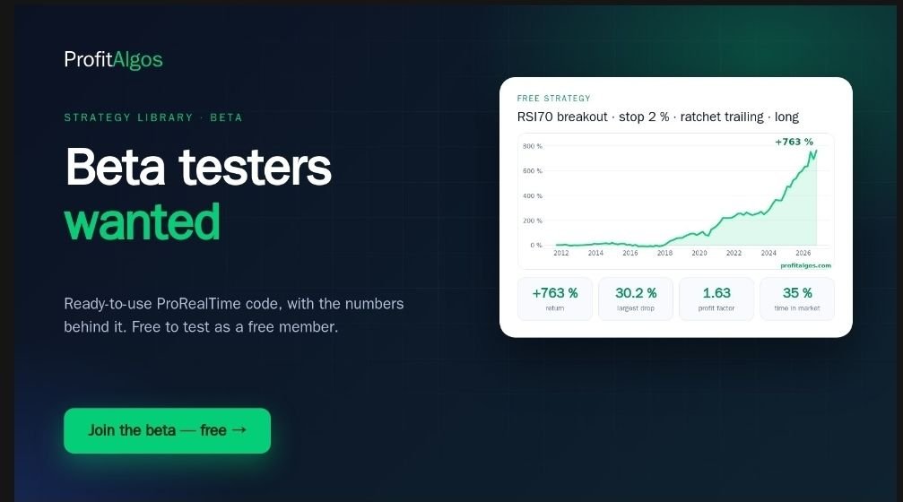 ProfitAlgos's tweet photo. Beta testers wanted for the ProfitAlgos Strategy Library! 📊

• 9,000+ strategies tested on IG data (Nasdaq, DAX, S&P 500)
• Ready #ProRealTime code for ProBuilder
• Full metrics: equity curves, drawdown & OOS
• 100% free beta access

Test  & give feedback:
👉 https://t.co/YxTV9jIcXH