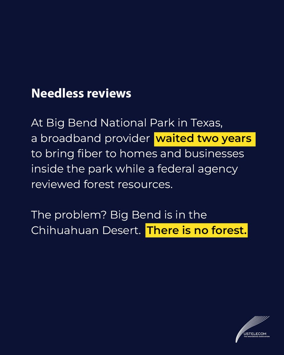 USTelecom's tweet photo. Broadband internet providers have reported waiting 1, 2 –even 3– years to get permits to start builds. 
To get more consumers connected, we need to:
 ✂️Cut duplicative reviews
⌛Institute clear timelines
🚦End gridlock with a federal backstop
Learn more: https://t.co/8EAvBdsdc4 https://t.co/zhcgaNWODH