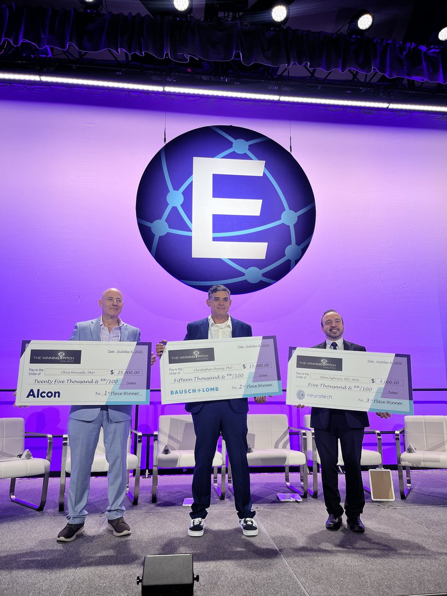 Eyecelerator's tweet photo. 3 innovators battled it out shark-tank style.🏆 What a showdown at the Winning Pitch Challenge at Eyecelerator @ AAO 2026!

Congratulations to the winner, EyeX Solutions, Inc.
Chris Horvath, PhD, and the other finalists for bringing their innovations to the stage! 👏 https://t.co/n2YH2noLrb
