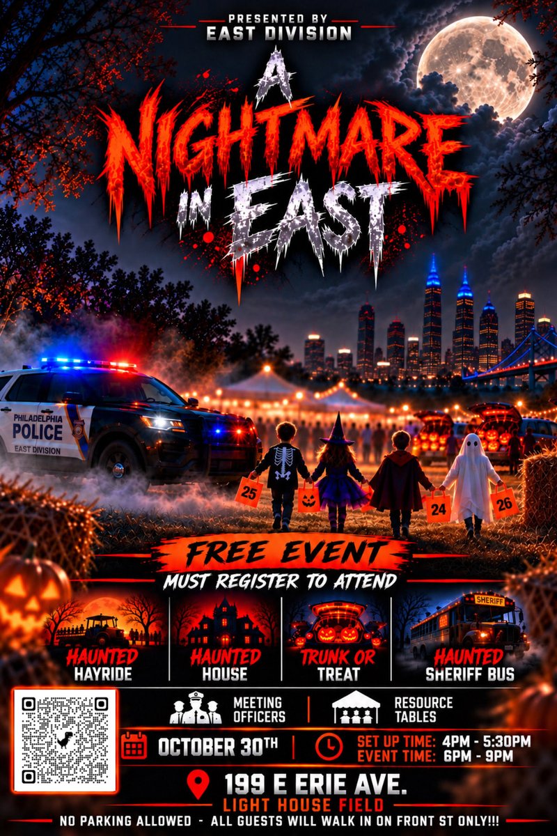 PPD25Dist's tweet photo. A Nightmare in East Halloween event on October 30th, all are welcomed once you register. Free event presented by officers from East Division. @PhillyPolice @PPDCommish @PPDAnthonyLuca https://t.co/Bpd3y5C1t4